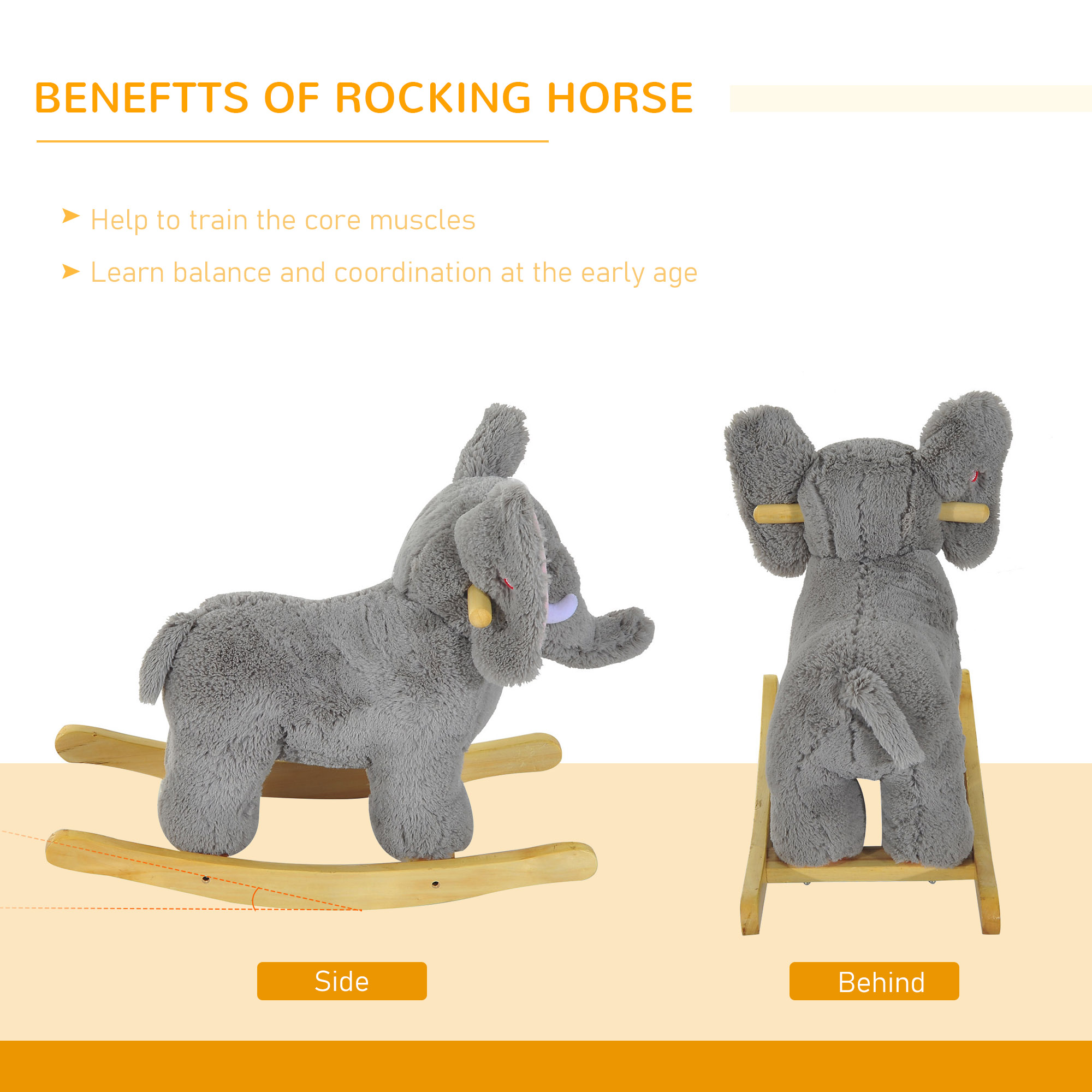 HOMCOM Plush Elephant Rocking Horse for Kids, Traditional Wooden Riding Toy with 32 Nursery Rhymes, Grey