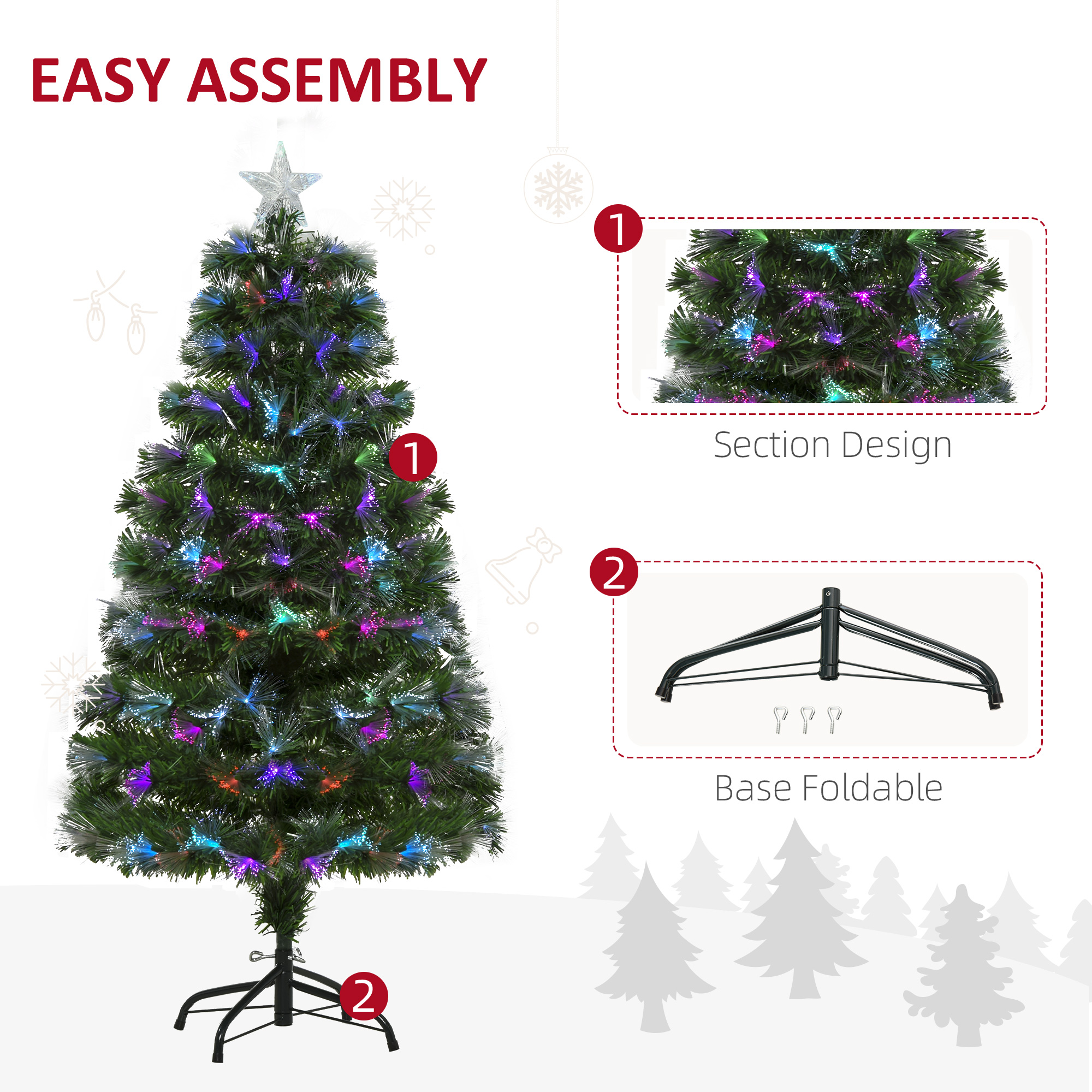 HOMCOM HOMCM 1.2m Tall Artificial Tree Fiber Optic Colorful LED Pre-Lit Holiday Home Christmas Decoration with Flash Mode, Green