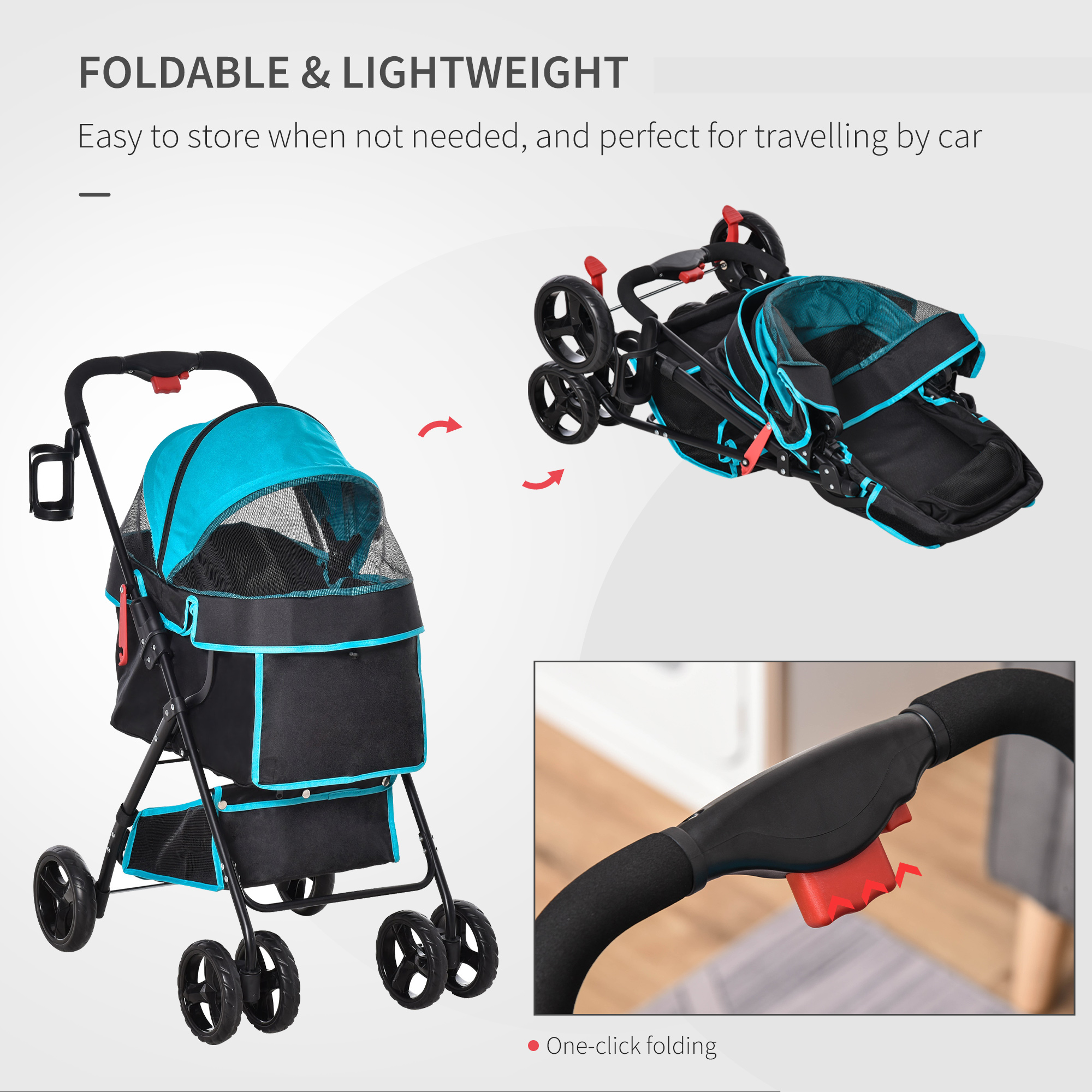 PawHut Pet Stroller with One-Click Fold, EVA Wheels, Brake, Removable Basket, Bottle Holder, Adjustable Canopy, Safety Leash