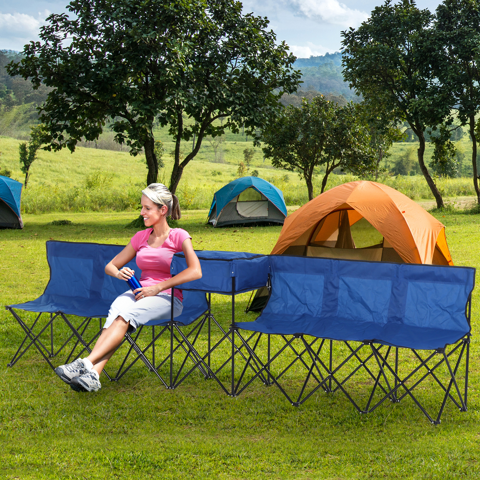 Outsunny Folding Camping Bench for 6, Steel Frame with Cooler Bag, Portable Seating Solution, Blue