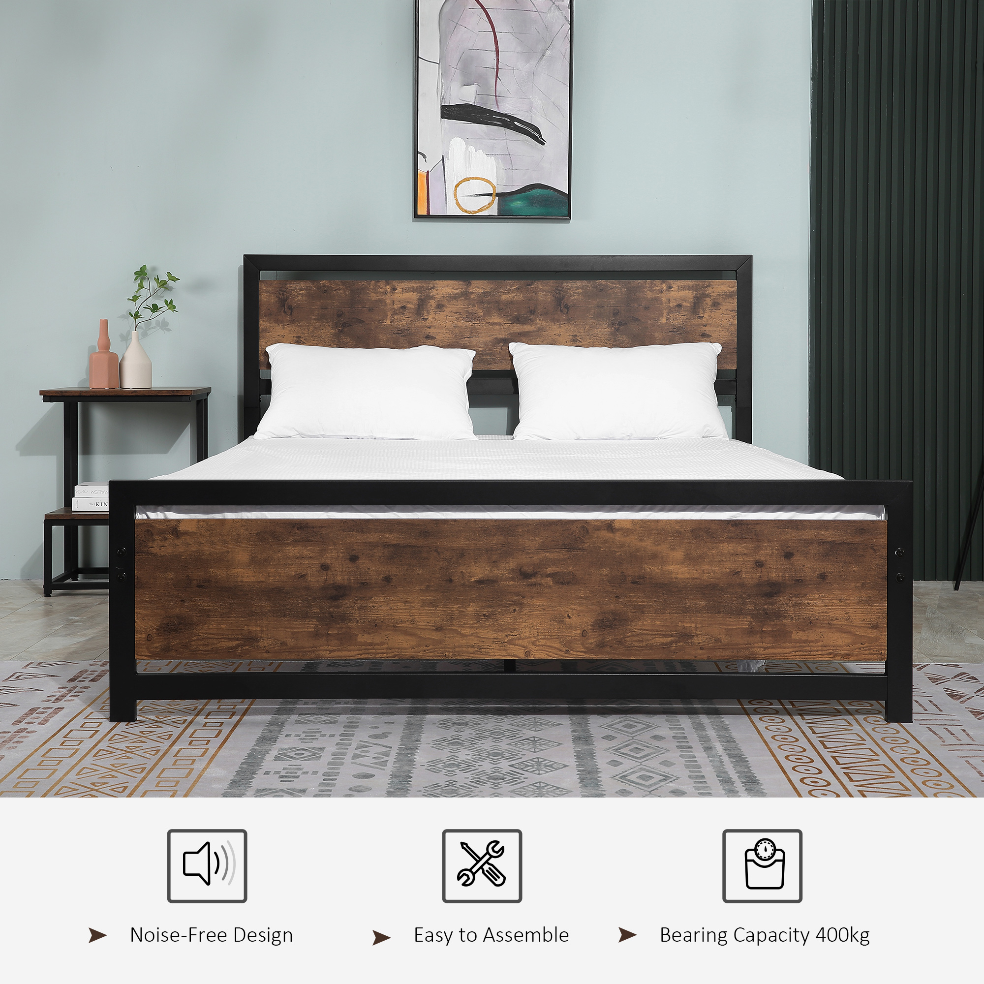 HOMCOM Full Bed Frame with Headboard & Footboard, Strong Slat Support Twin Size Metal Bed w/ Underbed Storage Space, No Box Spring Needed