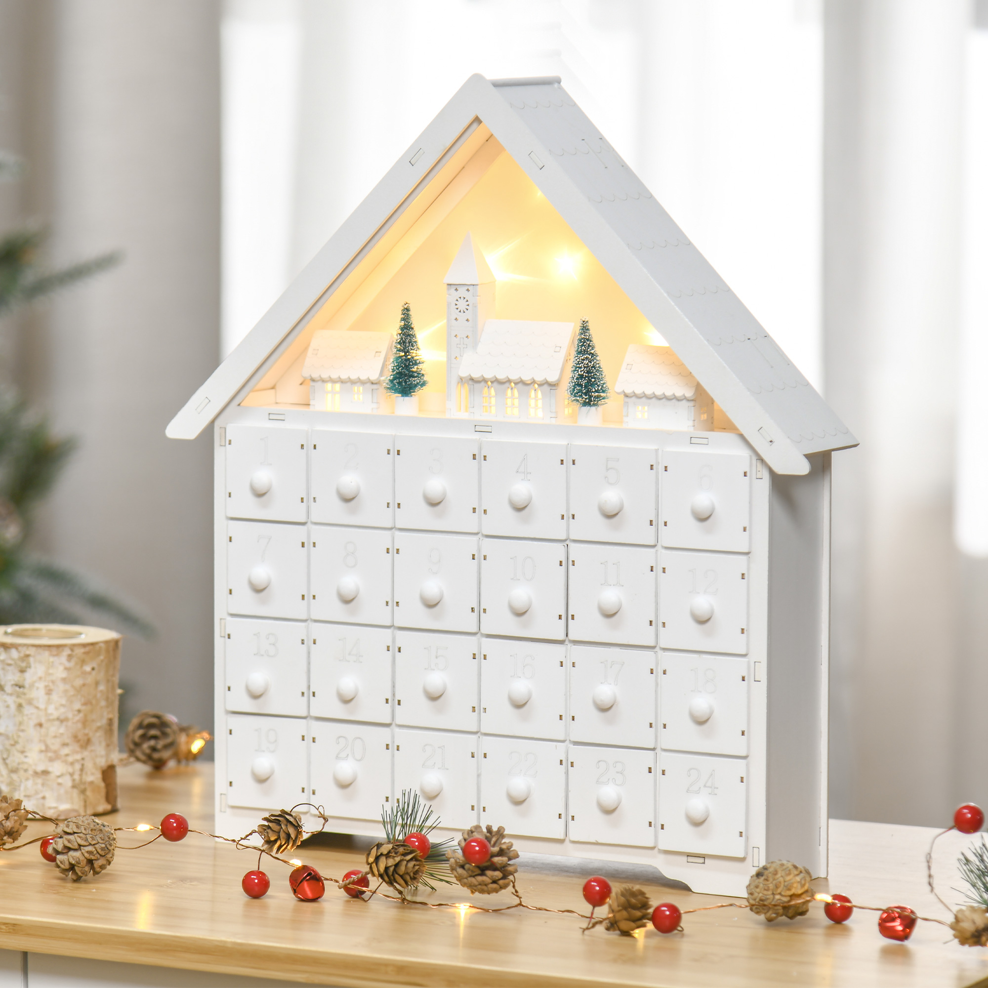 HOMCOM Christmas Advent Calendar, Light Up Table Xmas Wooden House Holiday Decoration with Countdown Drawer, Village, for kids Adults, White