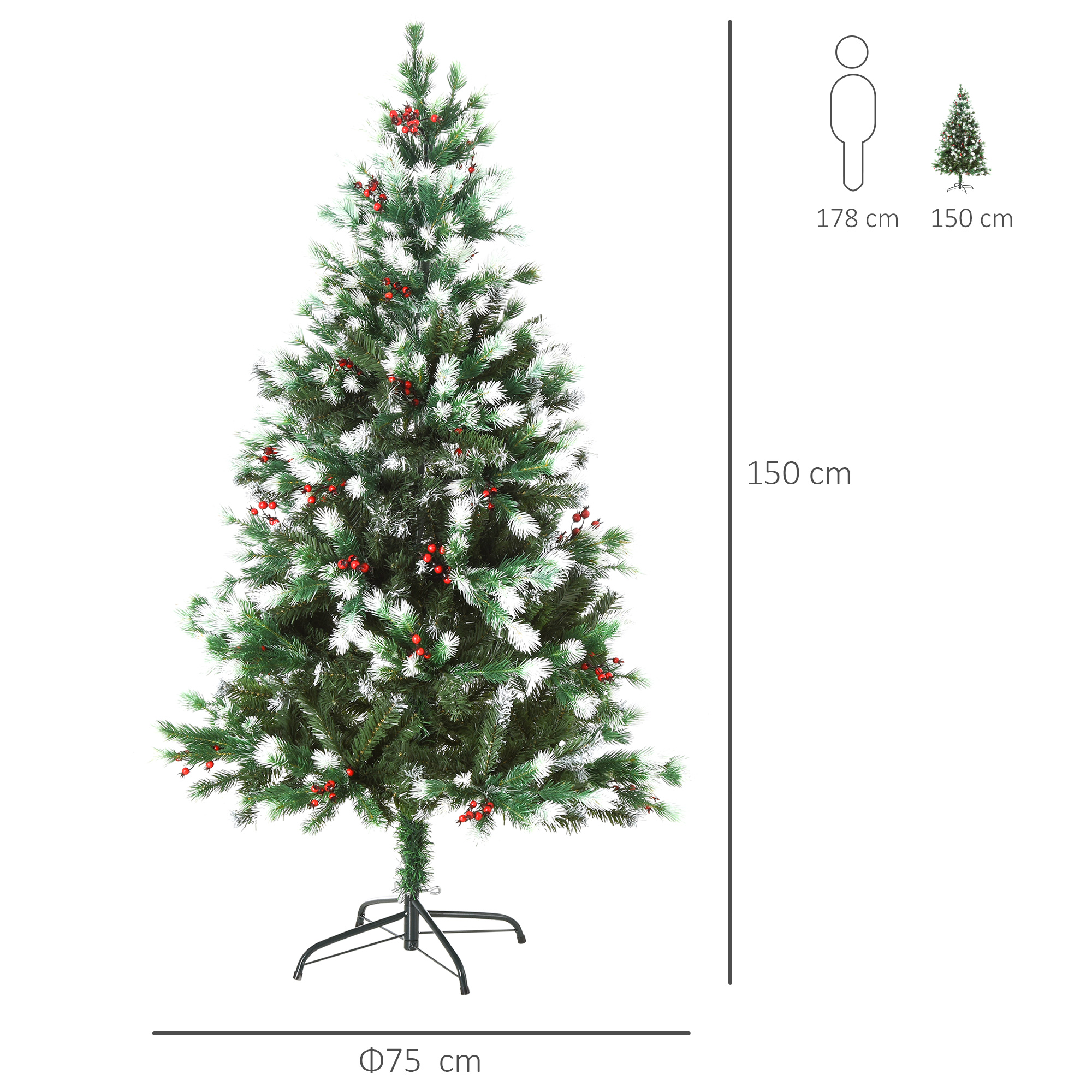 HOMCOM 5ft Artificial Snow-Flocked Pine Tree Holiday Home Christmas Decoration with Red Berries - Green