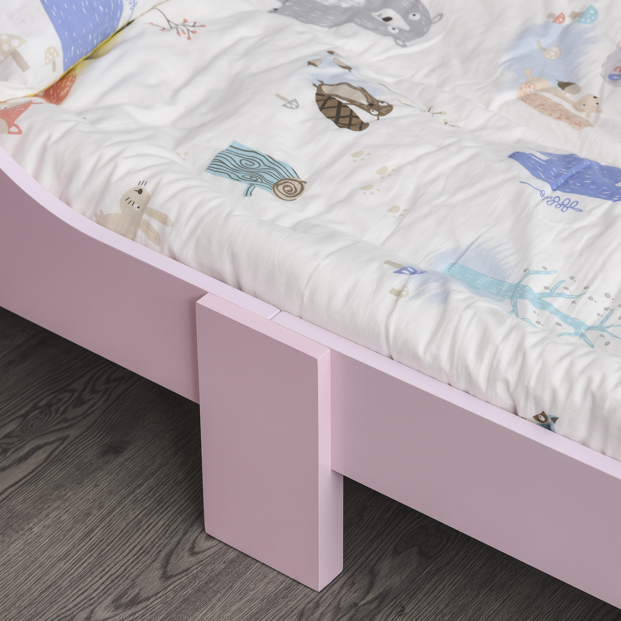 HOMCOM Kids Wooden Bed with Crown Modeling Safety Side Rails Easy to Clean Perfect Gift for Toddlers Girls Age 3 to 6 Years Old Pink