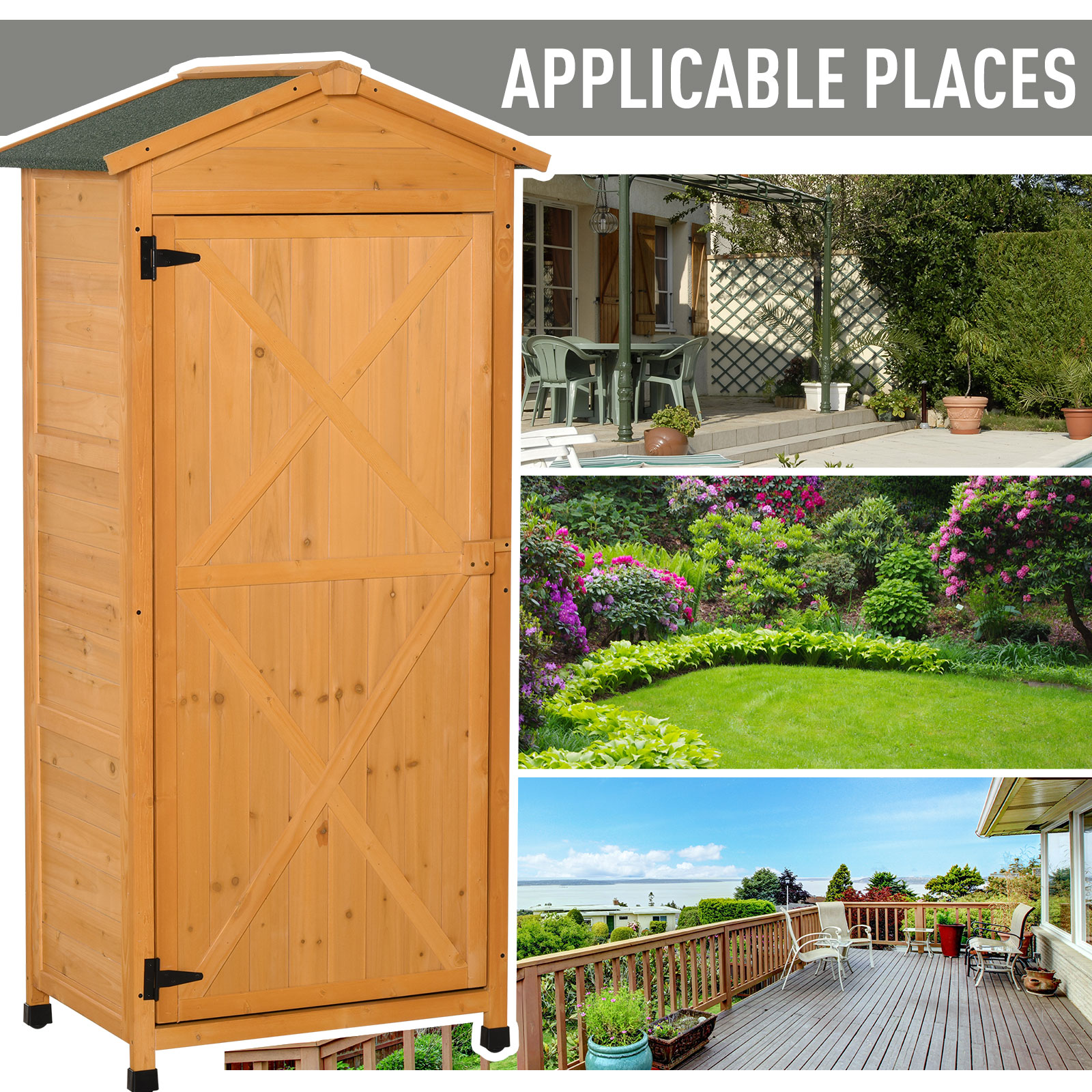 Outsunny Wooden Garden Cabinet 3-Tier Storage Shed 2 Shelves Lockable Organizer with Hooks Foot Pad 74 x 55 x 155cm Dark Yellow