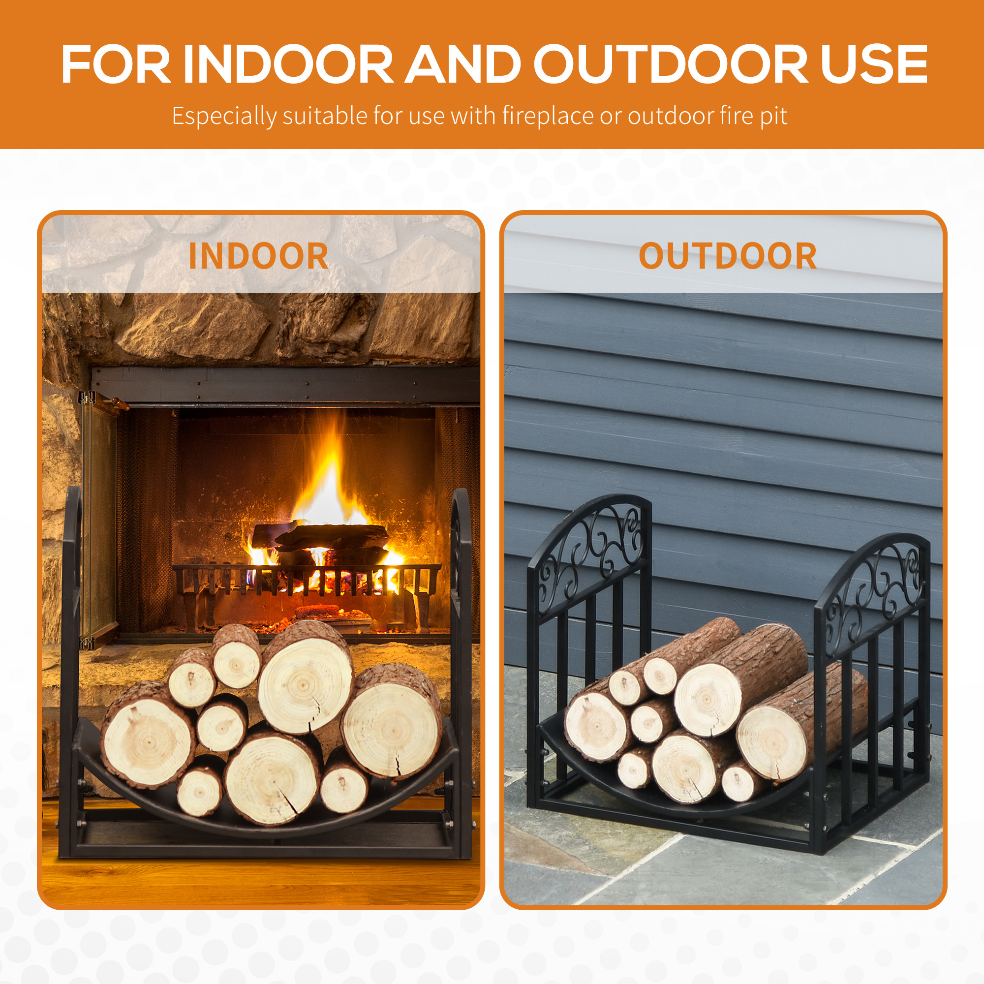 Outsunny Wrought Iron Inner Arced Wood Log Holder Indoor Outdoor Storage Shelf w/ Elegant Scrolls Rust-Resistant Stacker Black