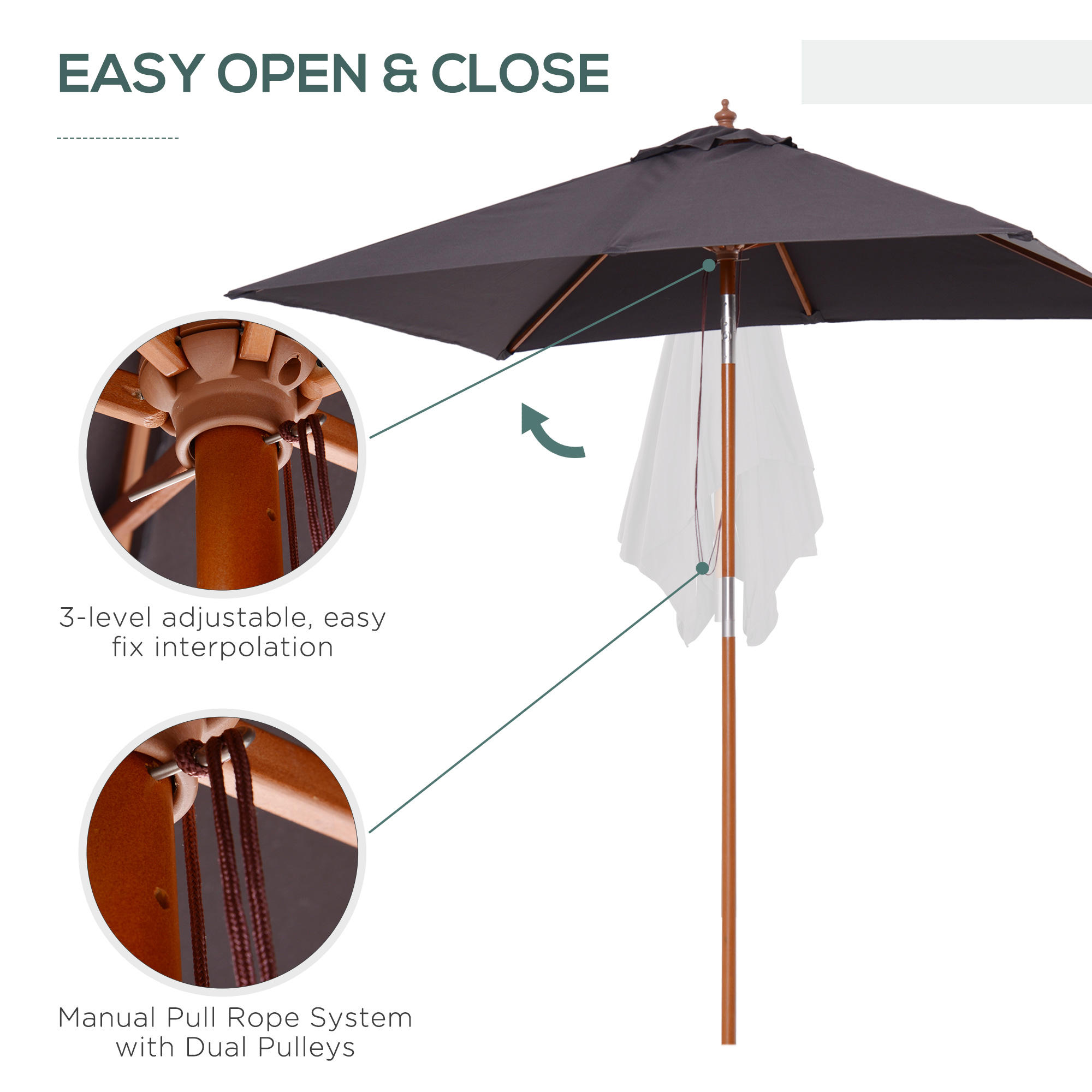 Outsunny 2m x 1.5m Tilt Mechanism Bamboo Wooden Frame Parasol Deep Grey