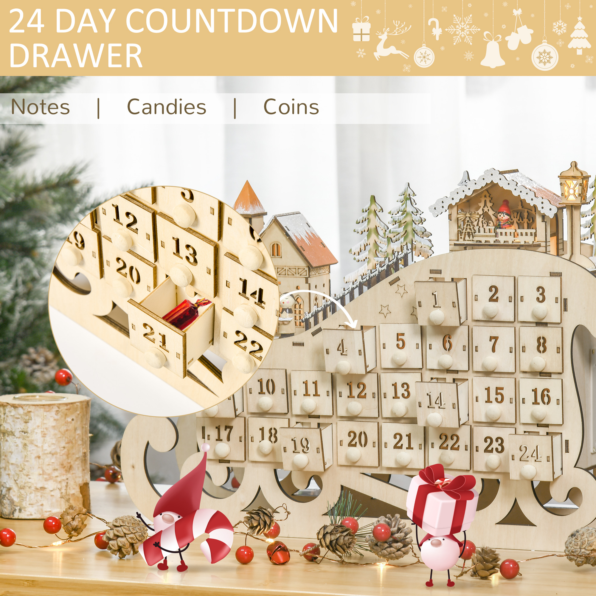 HOMCOM Christmas Advent Calendar, Light Up Table Xmas Wooden Sled Holiday Decoration with Countdown Drawer, Village, Natural Wood Color