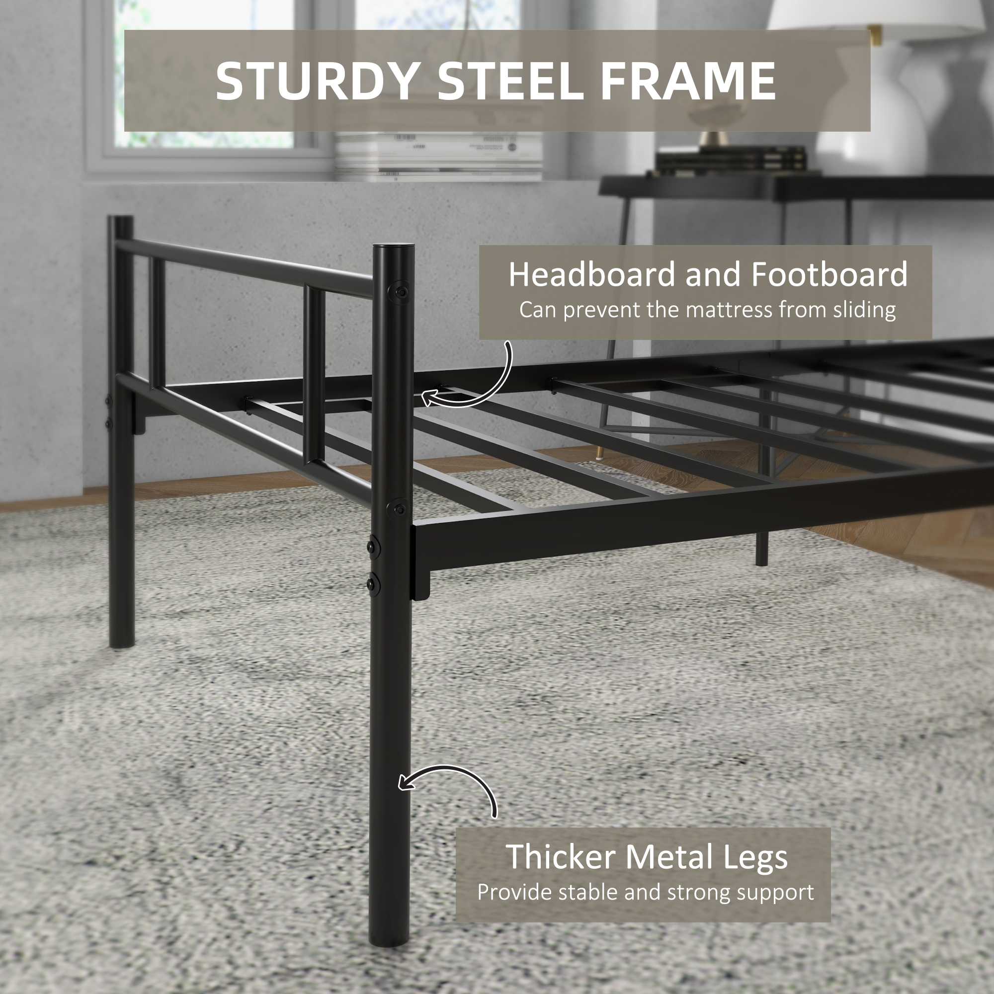 HOMCOM Single Metal Bed Frame with Headboard and Footboard, Solid Bedstead, Metal Slat Support, Underbed Storage, Bedroom Furniture