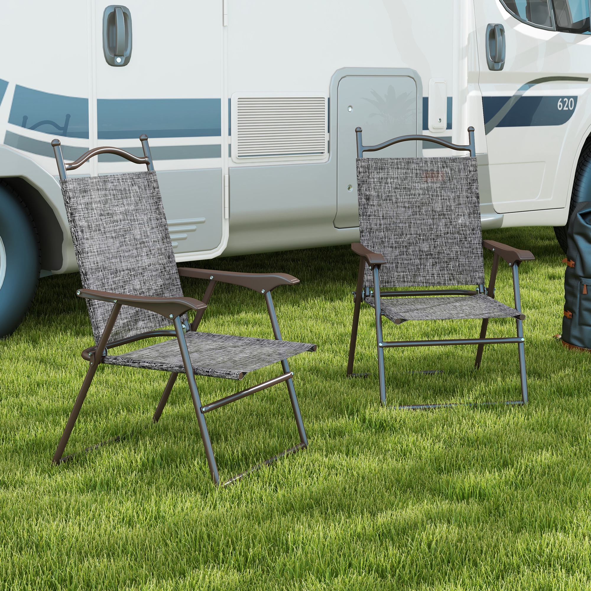 Outsunny Folding Chairs for Patio, Set of 2, Camping Sports Chairs with Armrest, Mesh Fabric Seat, Grey
