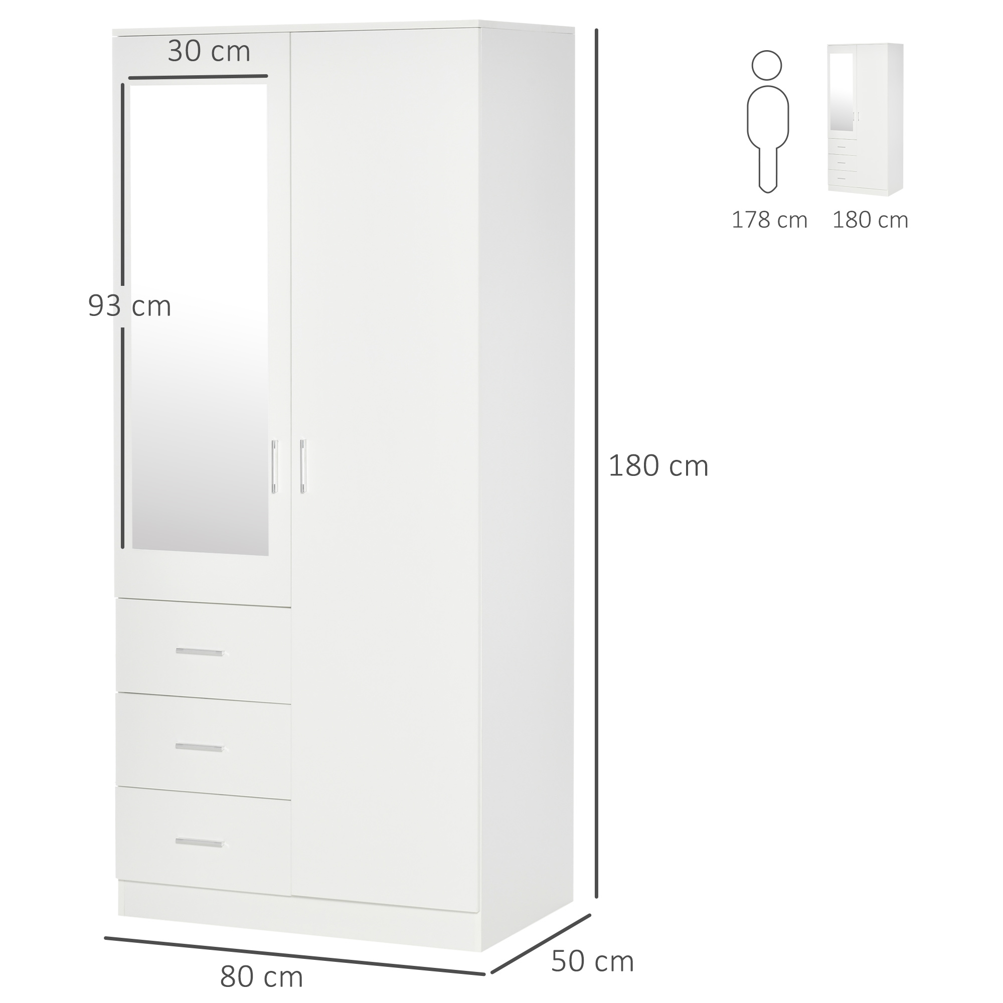 HOMCOM Mirror Wardrobe with 2 Doors, Adjustable Shelf, 3 Drawers, Home Storage, 80W x 50D x 180H cm, White