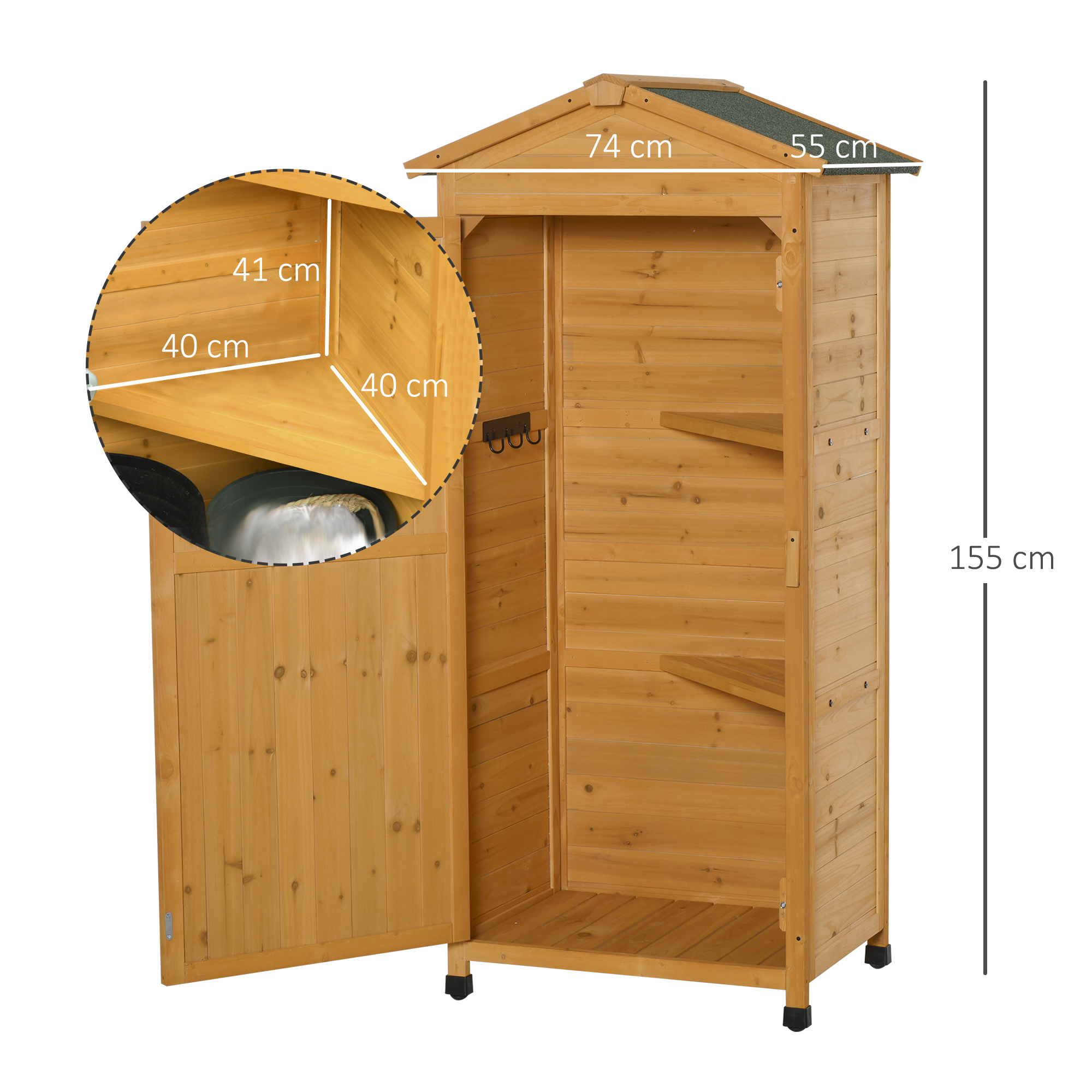 Outsunny Wooden Garden Cabinet 3-Tier Storage Shed 2 Shelves Lockable Organizer with Hooks Foot Pad 74 x 55 x 155cm Dark Yellow