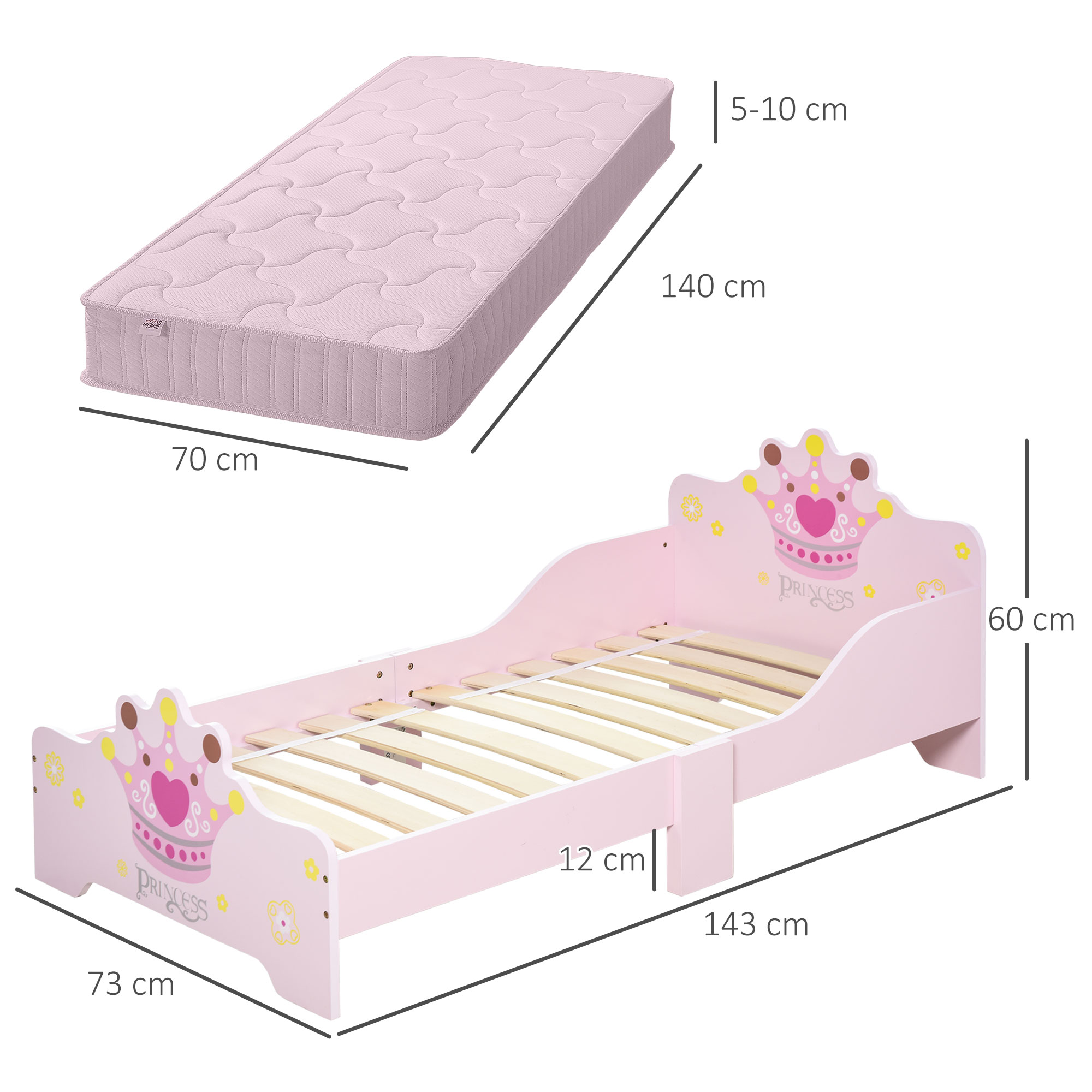 HOMCOM Kids Wooden Bed with Crown Modeling Safety Side Rails Easy to Clean Perfect Gift for Toddlers Girls Age 3 to 6 Years Old Pink