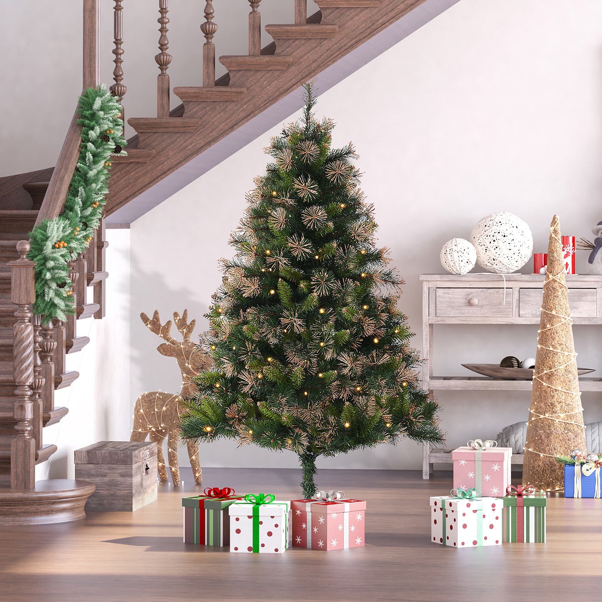 HOMCOM 1.5m Prelit Christmas Tree Artificial Tree, Metal Stand-Green