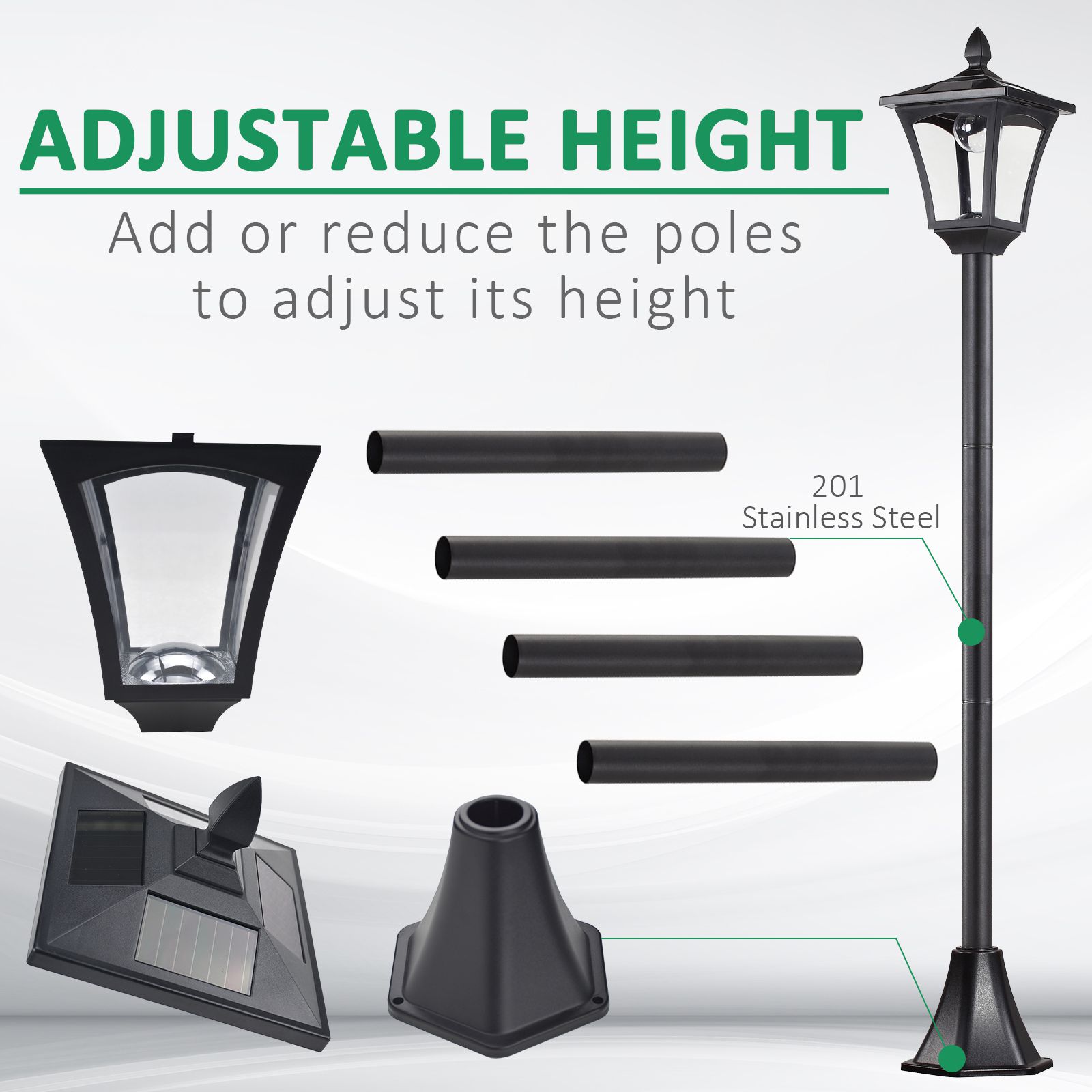 Outsunny Outdoor Solar Powered Post Lamp Sensor Dimmable LED Lantern Bollard Pathway 1.6M Tall â€“ Black