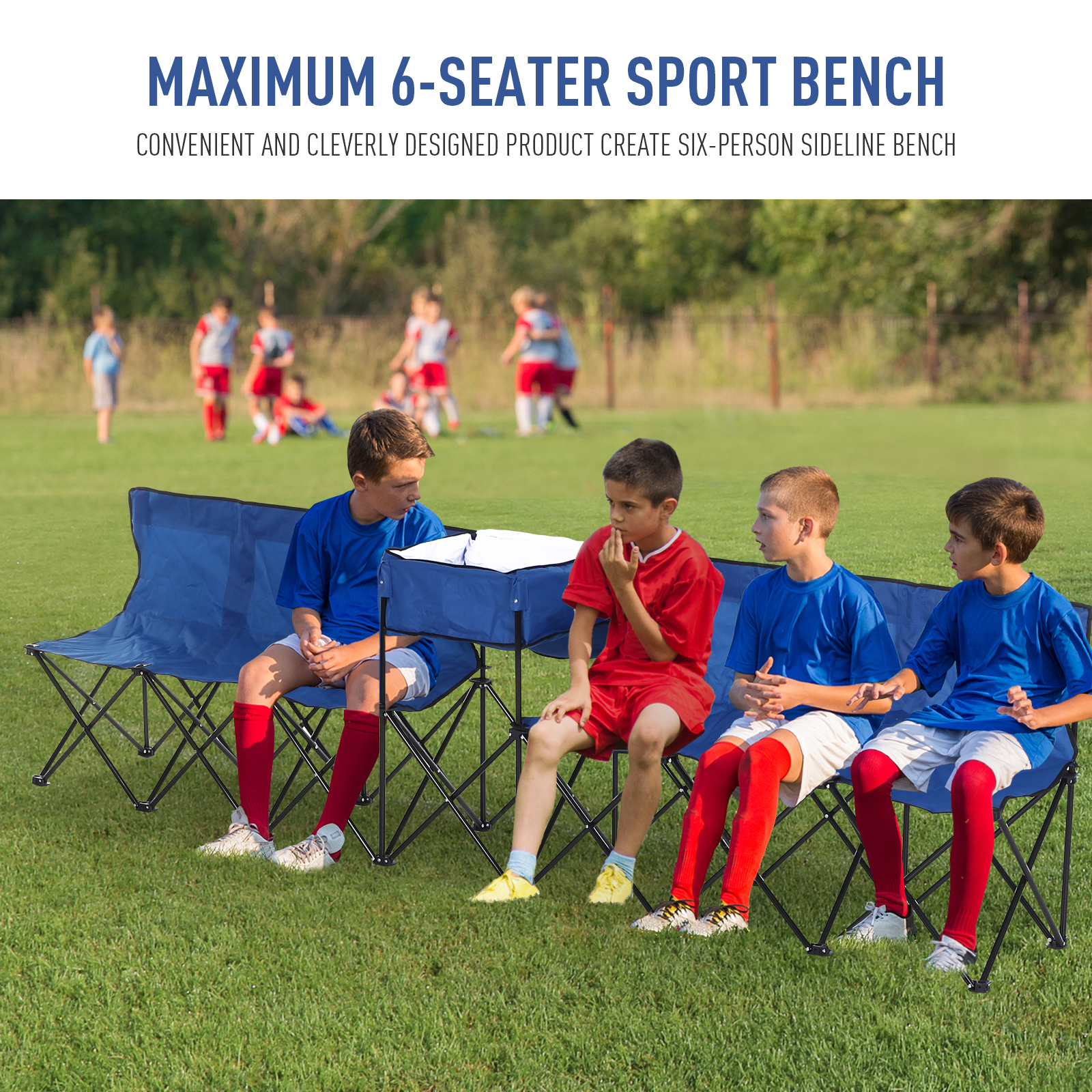 Outsunny Folding Camping Bench for 6, Steel Frame with Cooler Bag, Portable Seating Solution, Blue