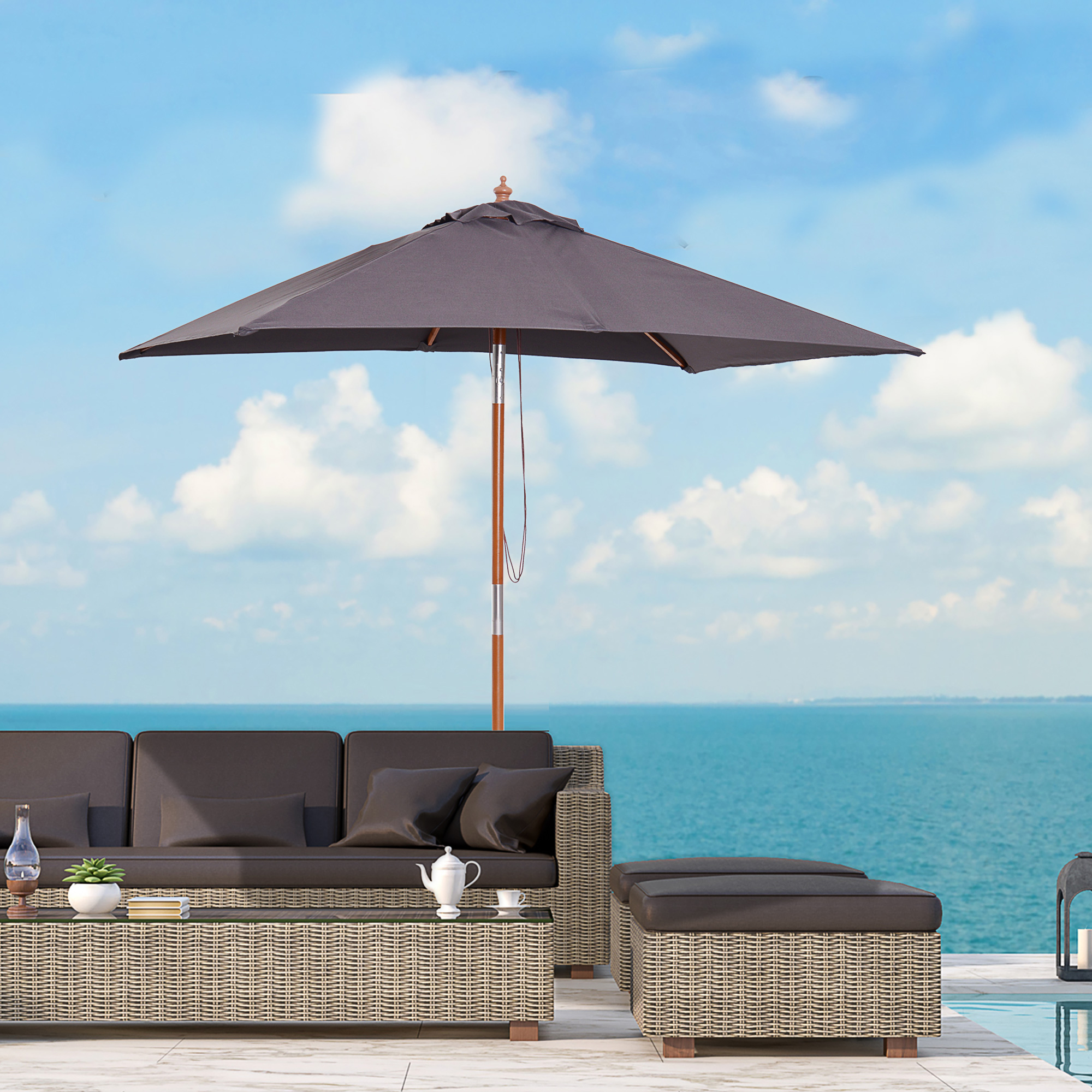 Outsunny 2m x 1.5m Tilt Mechanism Bamboo Wooden Frame Parasol Deep Grey
