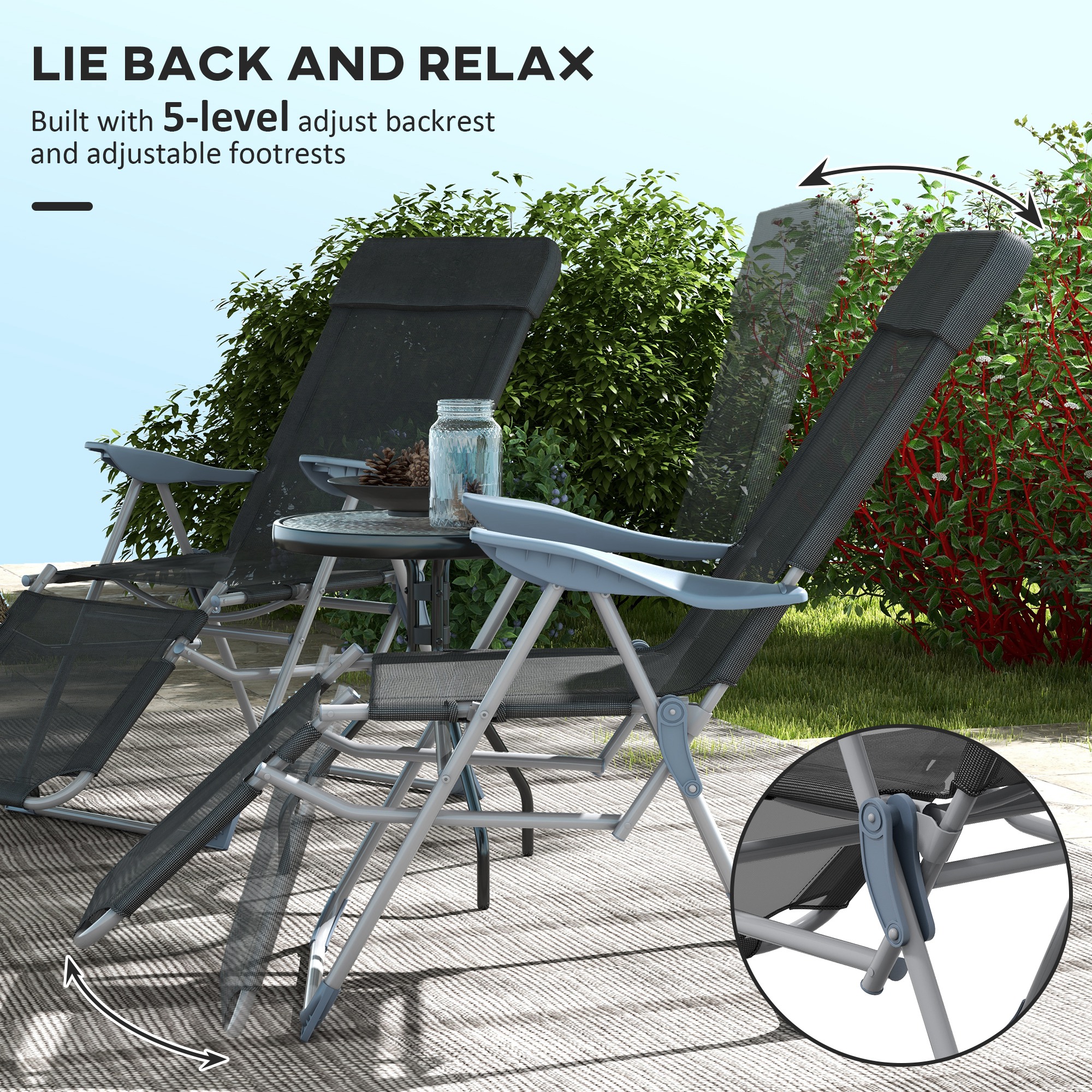 Outsunny Outdoor Sun Lounger Set of 2, Reclining Garden Chairs w/ Adjustable Footrest, 2 pcs Recliner w/ 5-level Adjustable Backrest, Headrest, Black