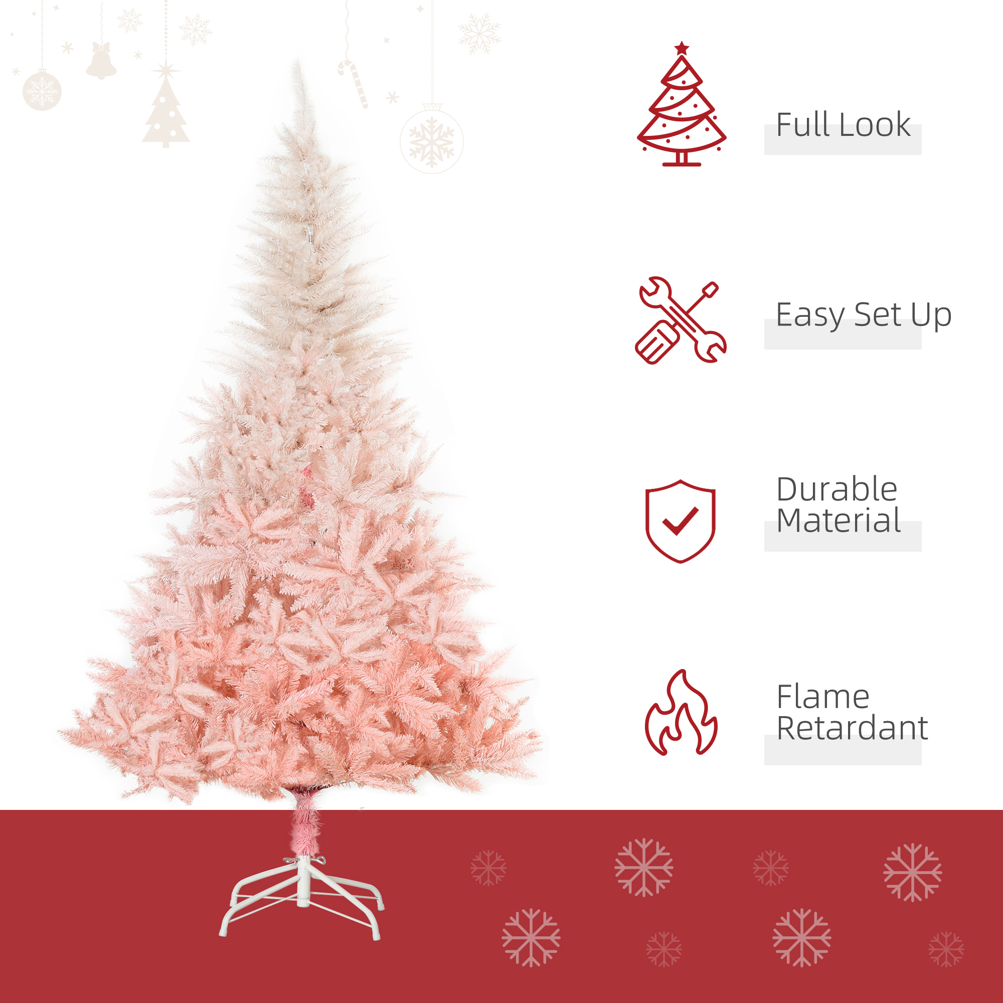 HOMCOM 6ft Artificial Christmas Tree Holiday Home Decoration w/ Metal Stand, Automatic Open, White & Pink Realistic Design Faux w/ Stand Quick Setup