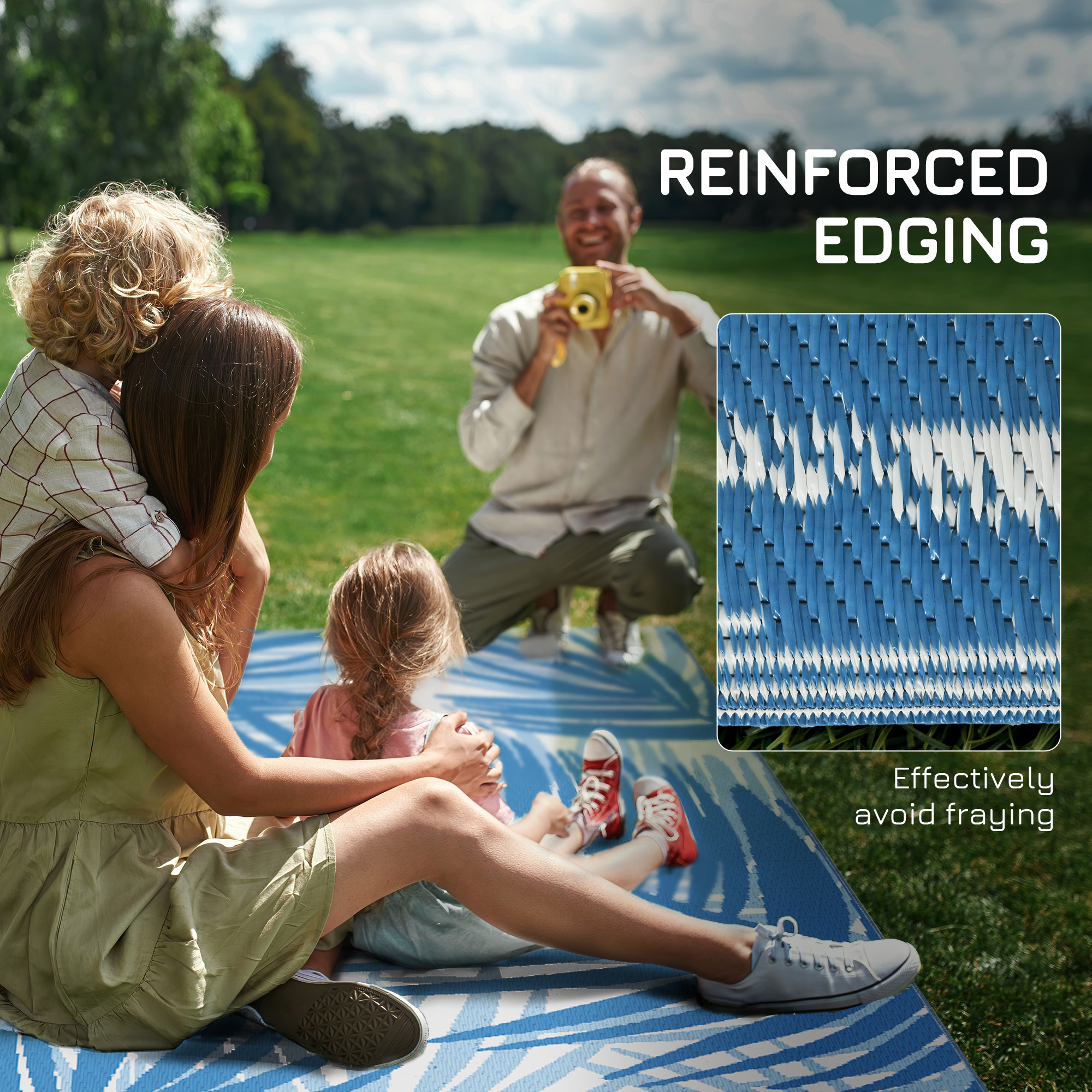 Outsunny Reversible Outdoor Rug, Plastic Straw, Portable with Carry Bag, 182 x 274cm, Blue and Cream