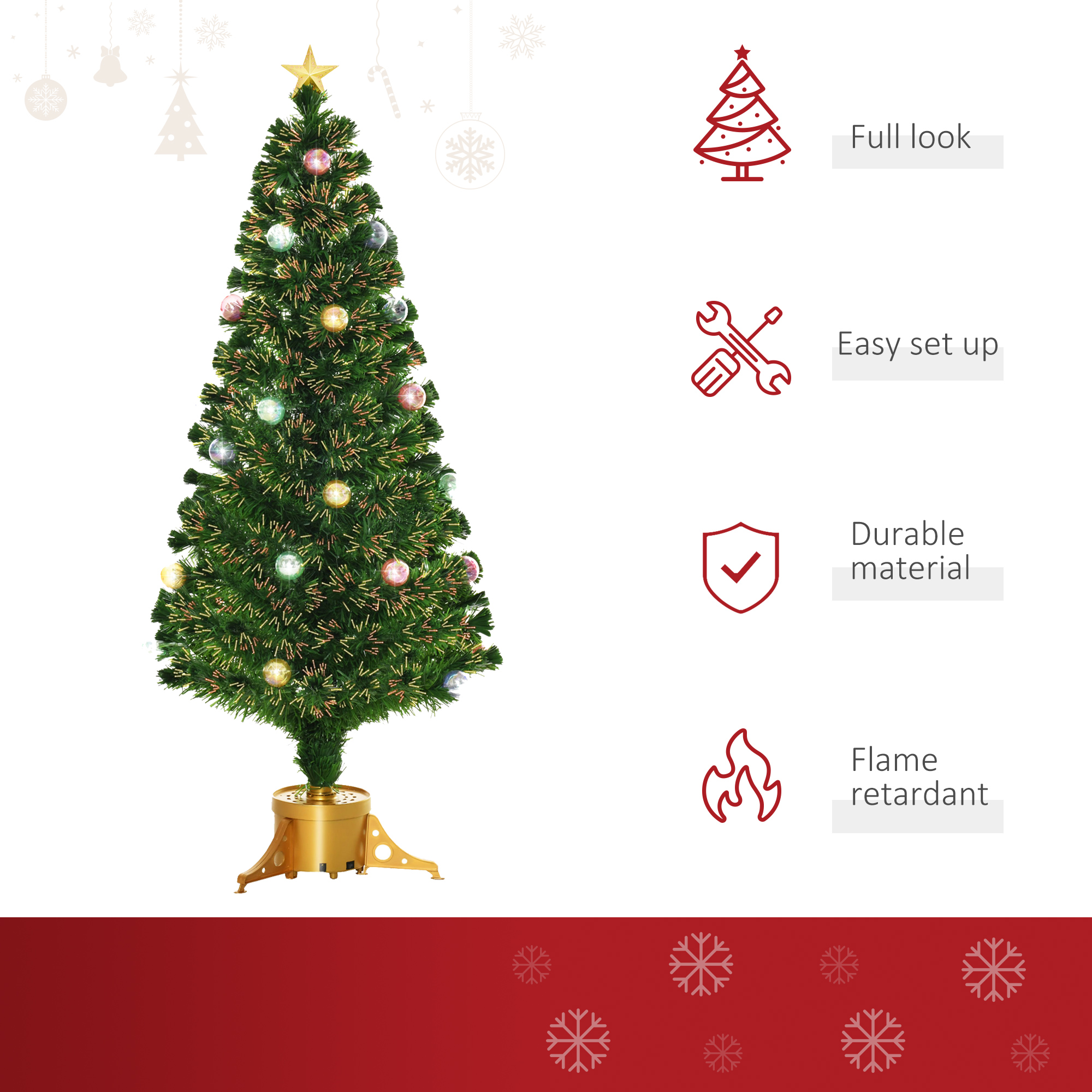 HOMCOM 5FT Pre Lit Christmas Tree Artificial Tree Fiber Optic Holiday Home Xmas Indoor Decoration with Golden Stand Green