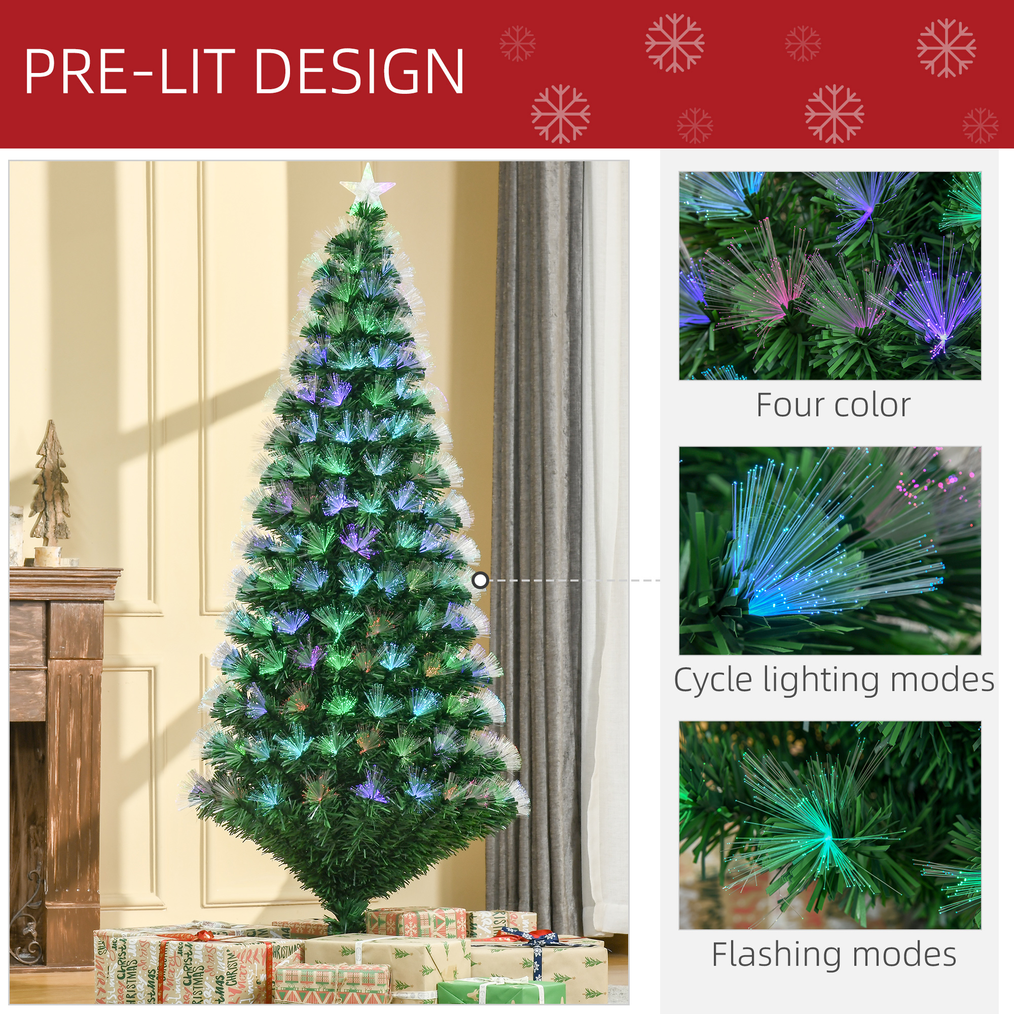 HOMCOM 6ft Tall Artificial Tree Fiber Optic Colorful LED Pre-Lit Holiday Home Christmas Decoration with Flash Mode - Green