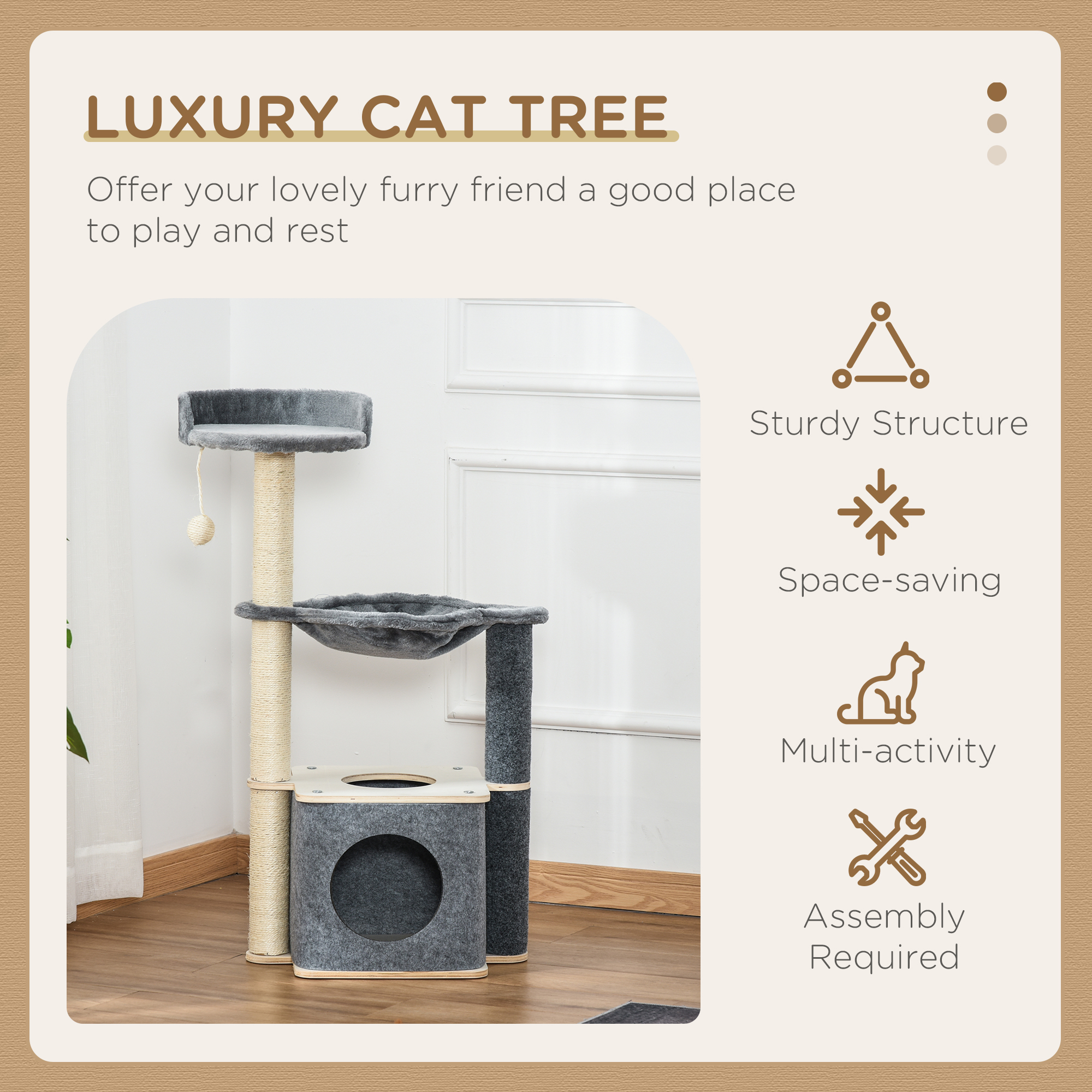 PawHut Cat Tower, 95cm Climbing Kitten Activity Centre with Sisal Scratching Posts, Perch, Spacious Condo, and Hammock, Grey
