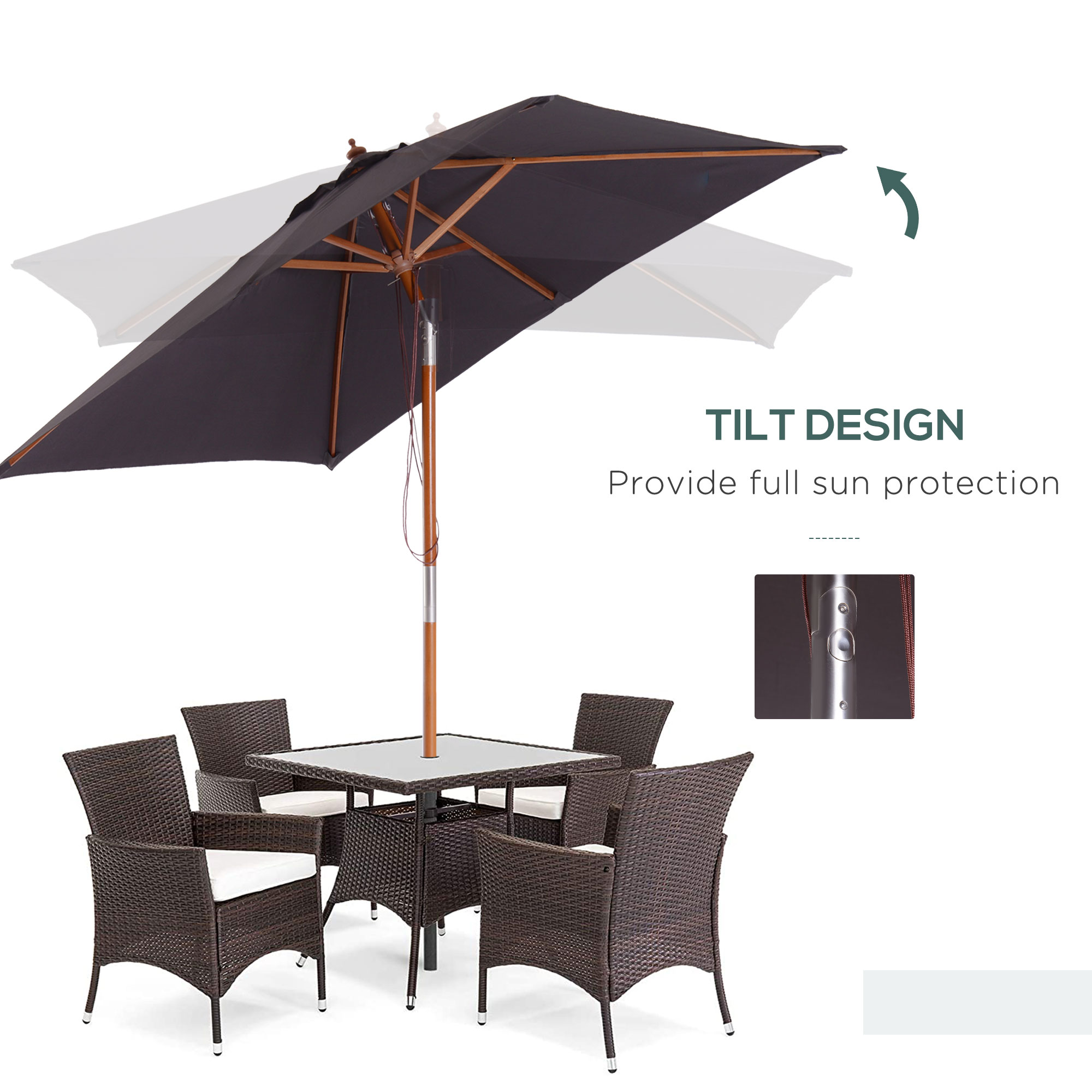Outsunny 2m x 1.5m Tilt Mechanism Bamboo Wooden Frame Parasol Deep Grey