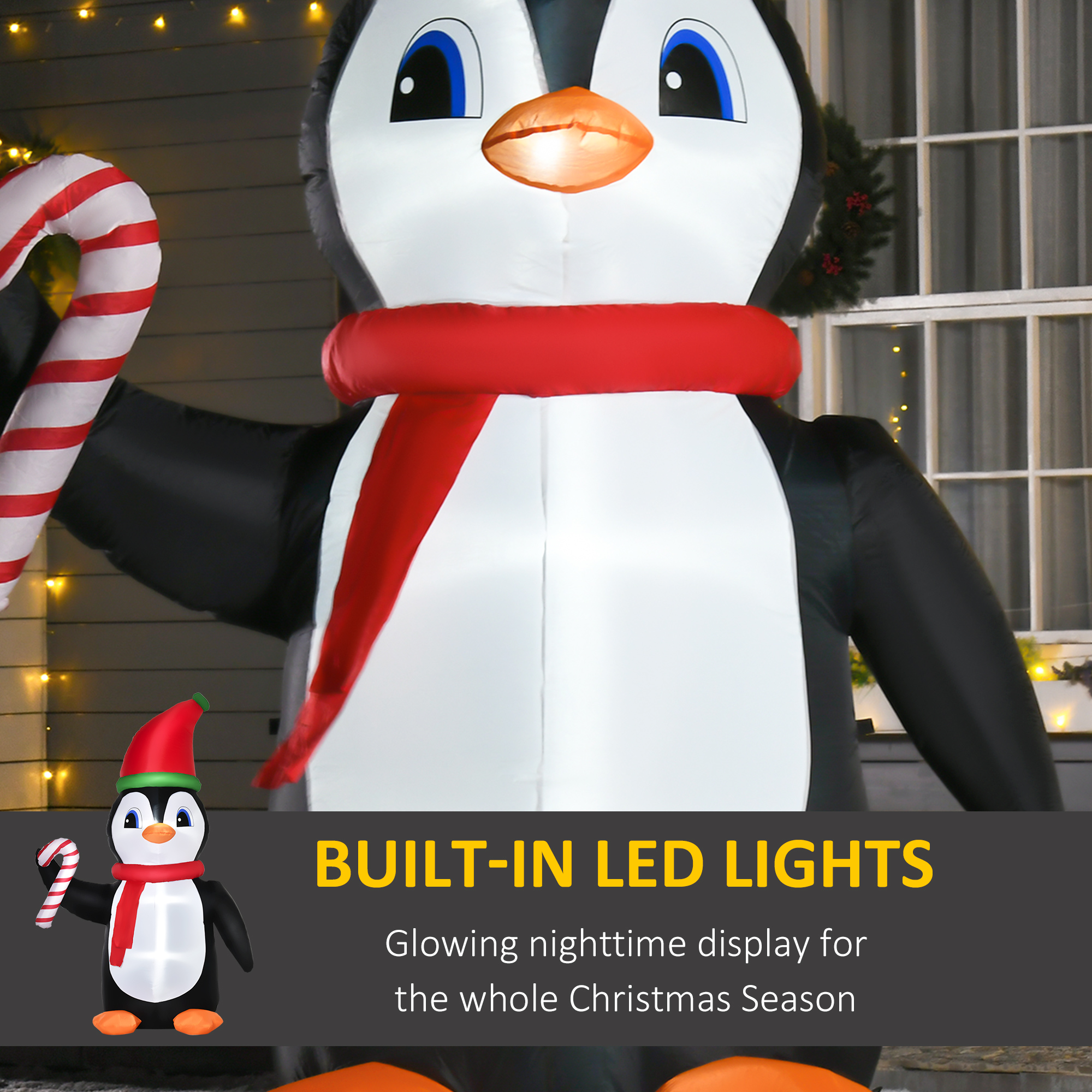 HOMCOM 2.5m Inflatable Christmas Penguin Holding Candy Cane Blow Up Outdoor Decoration with LED Lights for Holiday