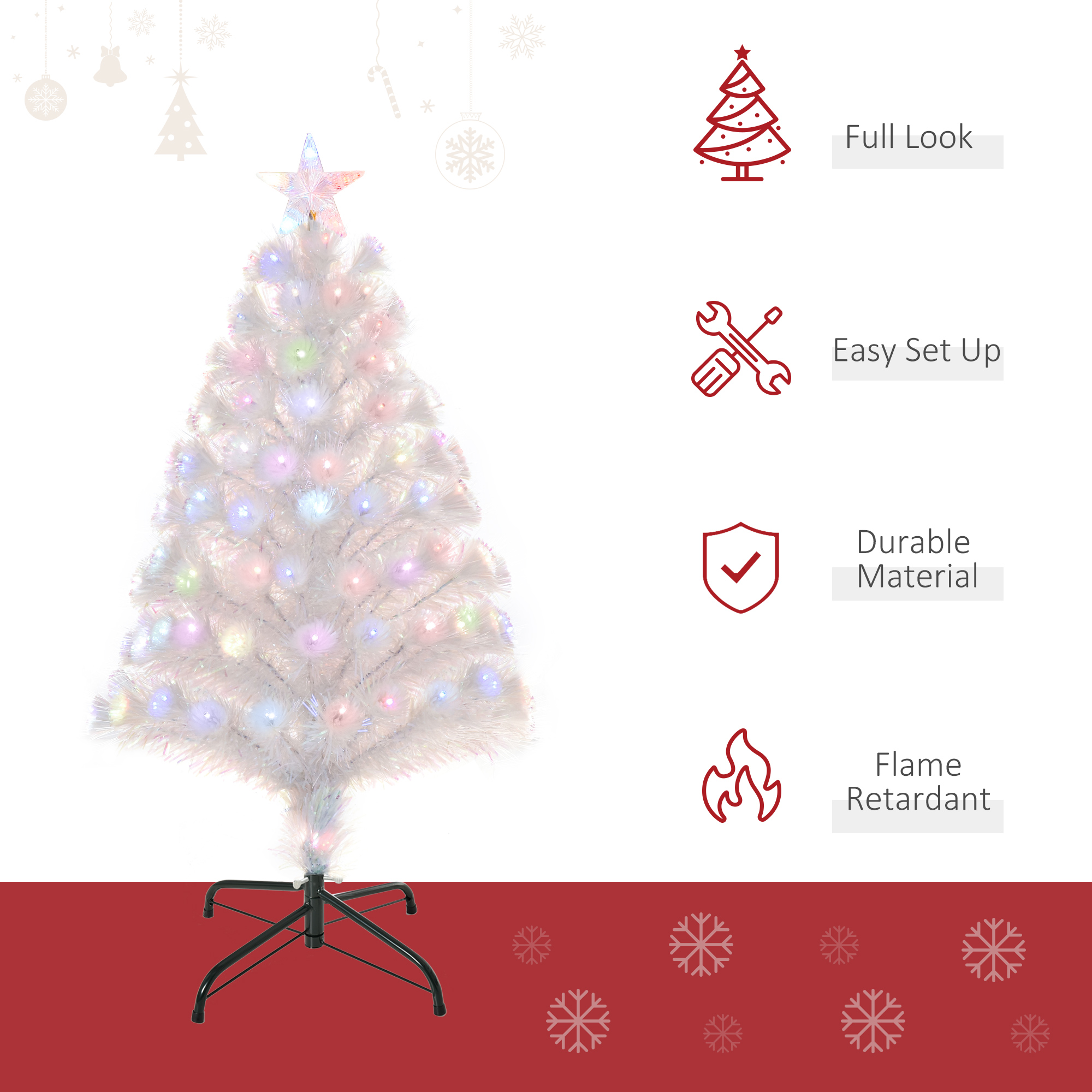 HOMCOM 3 Feet Prelit Artificial Christmas Tree with Fiber Optic LED Light, Holiday Home Xmas Decoration, White