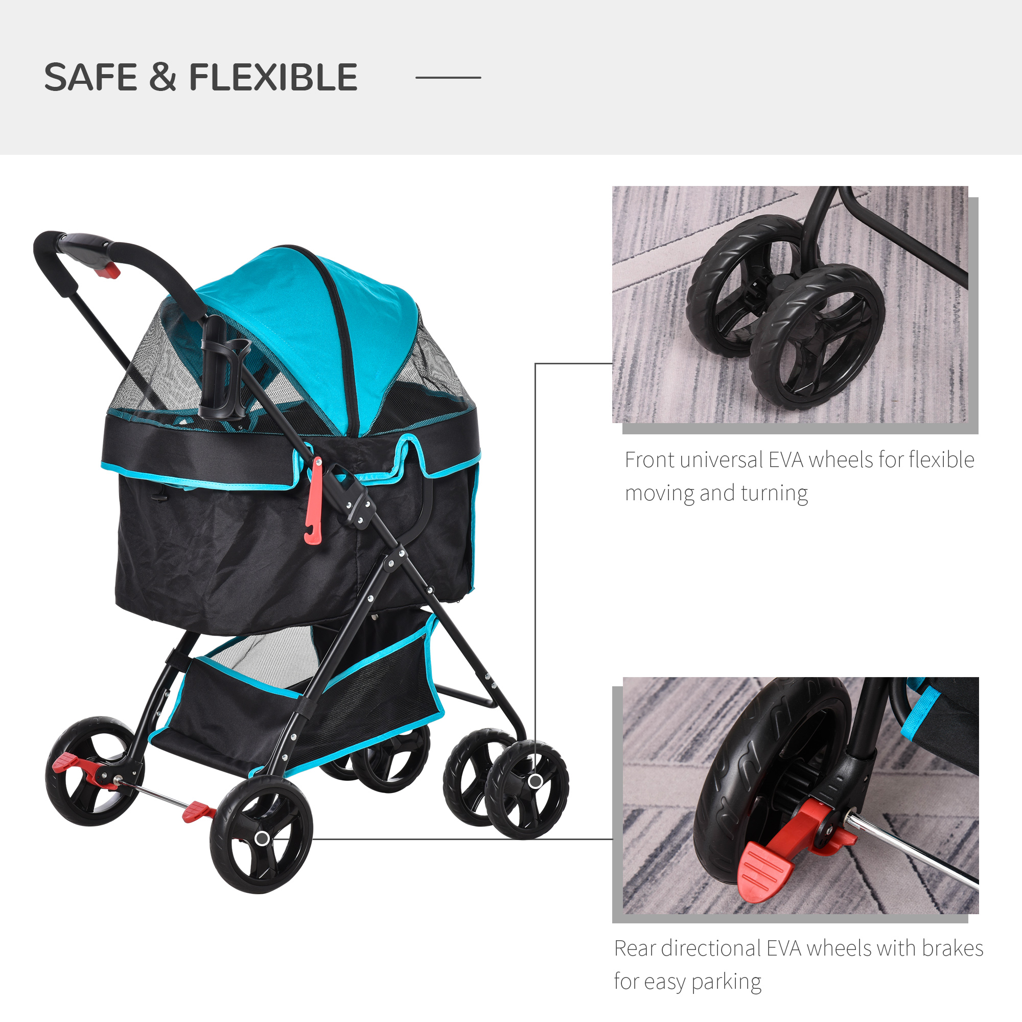 PawHut Pet Stroller with One-Click Fold, EVA Wheels, Brake, Removable Basket, Bottle Holder, Adjustable Canopy, Safety Leash