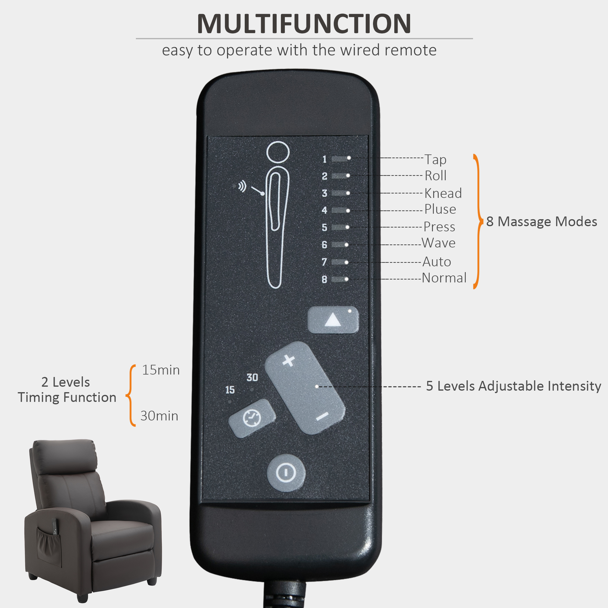 HOMCOM Recliner Sofa Chair PU Leather Massage Armcair w/ Footrest and Remote Control for Living Room, Bedroom, Home Theater, Brown