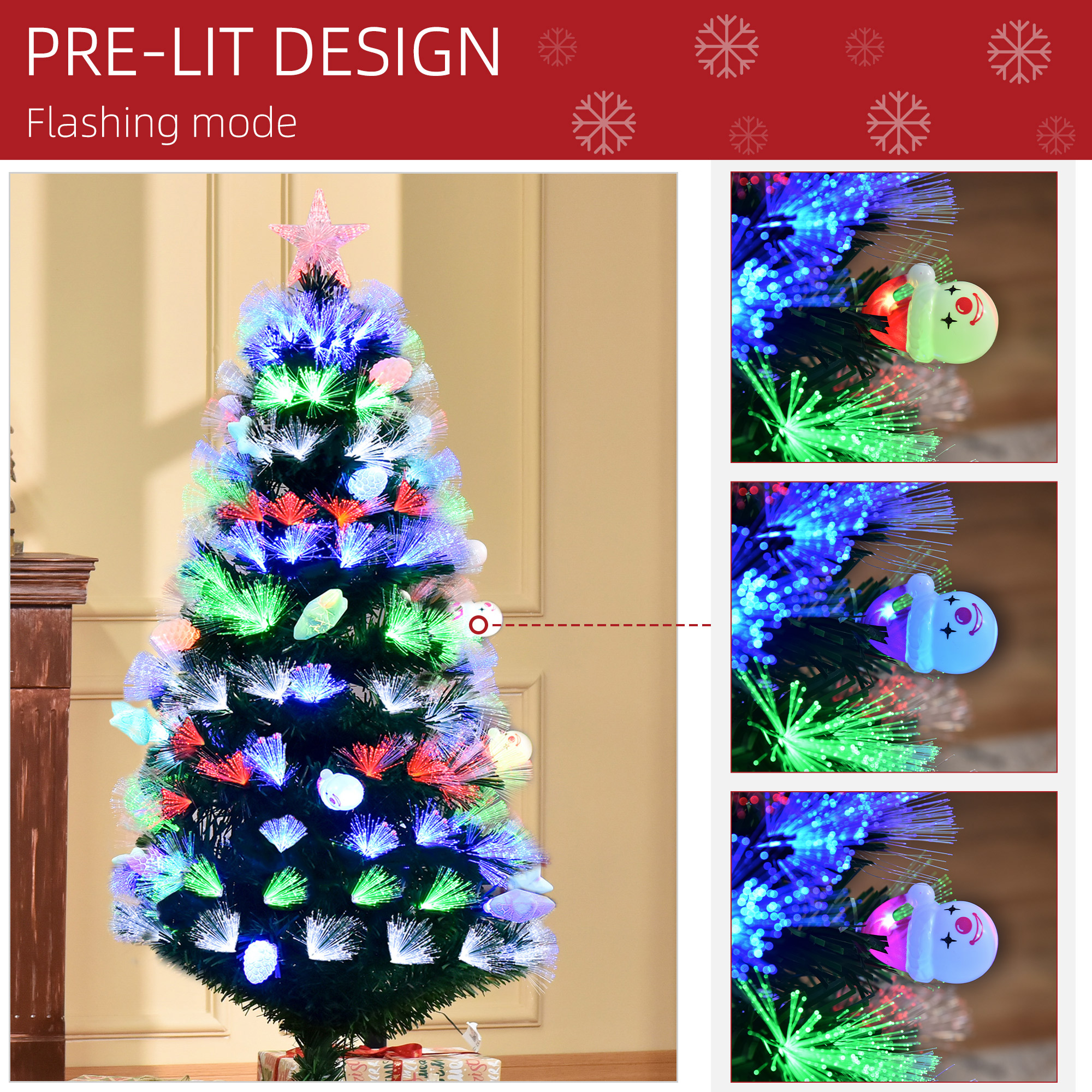 HOMCOM 5FT Pre-Lit Artificial Christmas Tree w/ Fibre Optic Baubles Fitted Star LED Light Holiday Home Xmas Decoration-Green