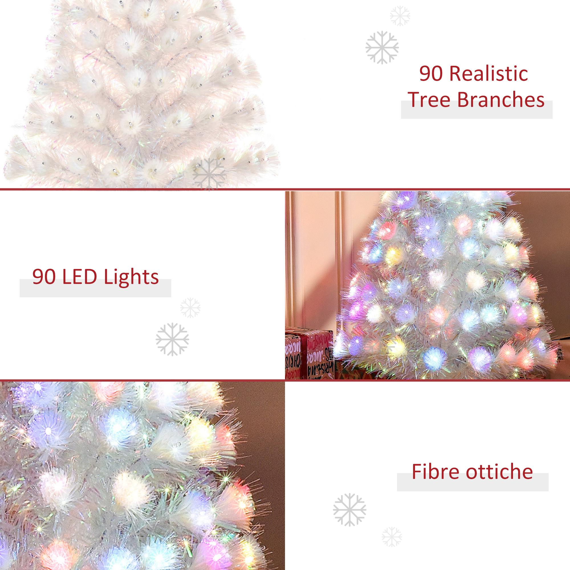HOMCOM 3 Feet Prelit Artificial Christmas Tree with Fiber Optic LED Light, Holiday Home Xmas Decoration, White