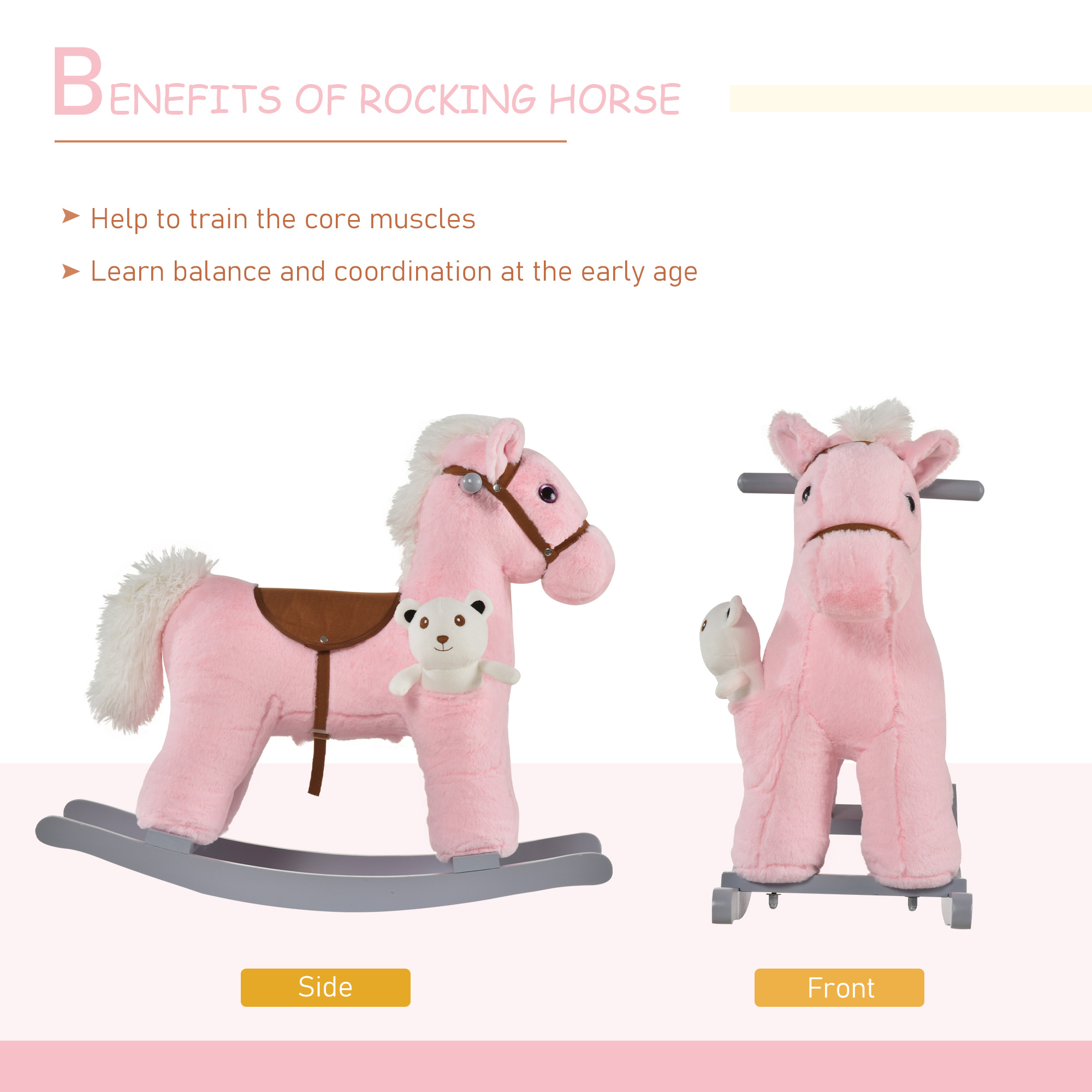 HOMCOM Plush Children's Rocking Horse Toy with Realistic Sounds, Soft Ride-On for Toddlers 18-36 Months, Pink