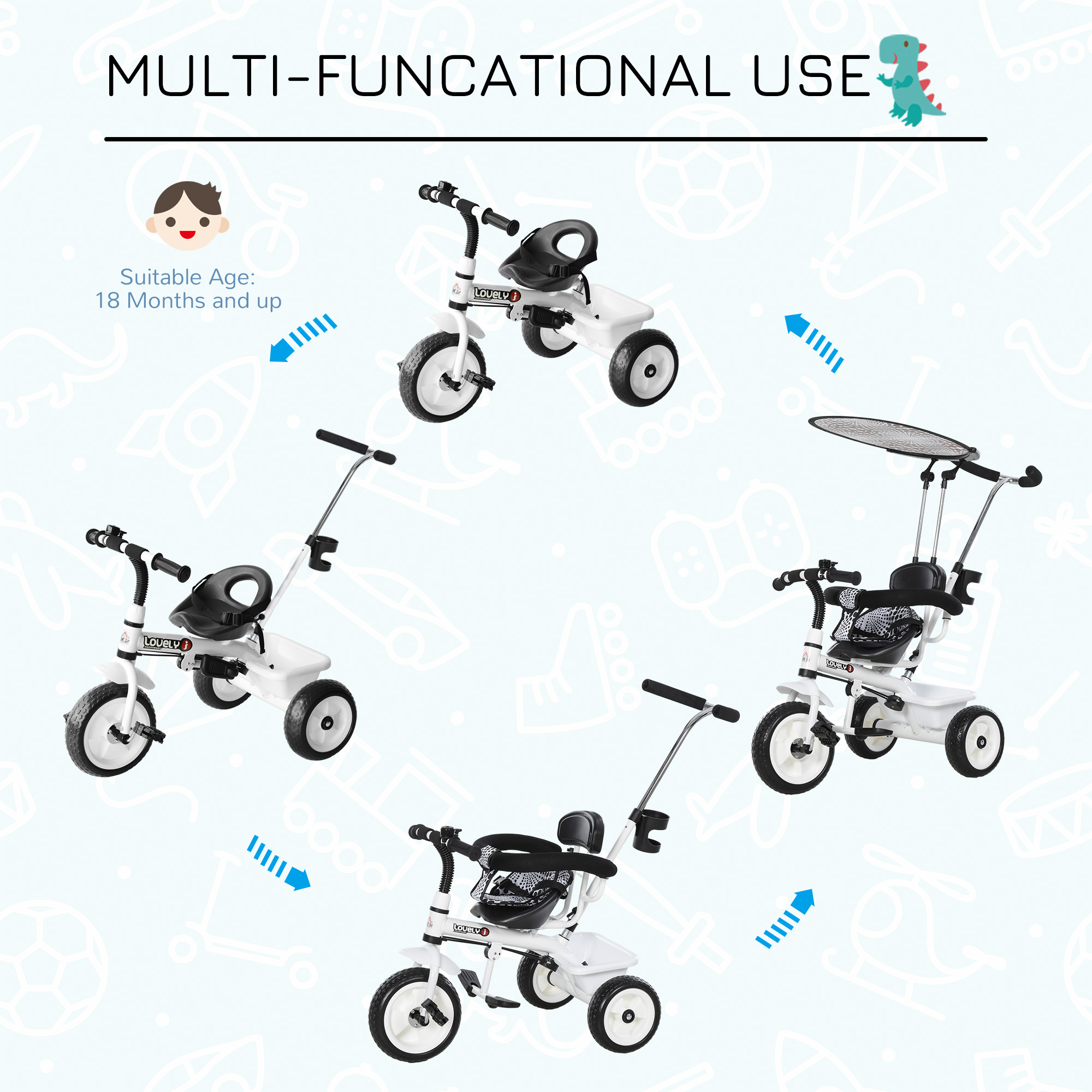 HOMCOM Baby Tricycle W/Handle-White/Black