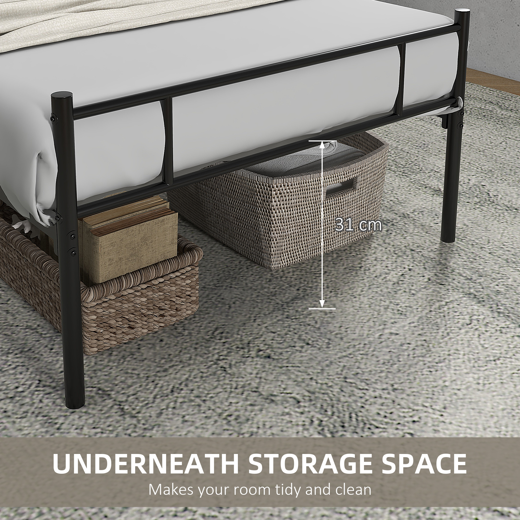HOMCOM Single Metal Bed Frame with Headboard and Footboard, Solid Bedstead, Metal Slat Support, Underbed Storage, Bedroom Furniture