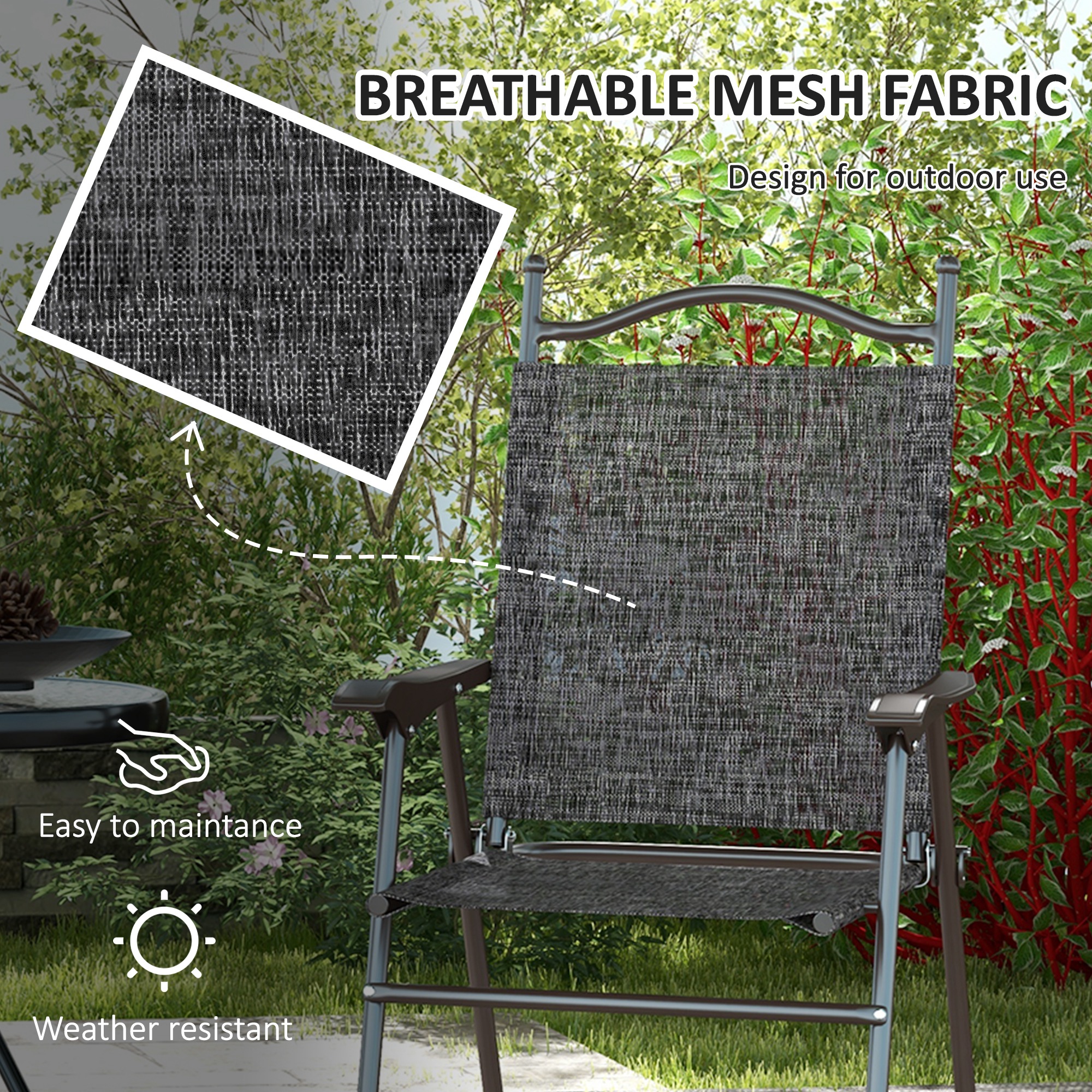 Outsunny Folding Chairs for Patio, Set of 2, Camping Sports Chairs with Armrest, Mesh Fabric Seat, Grey
