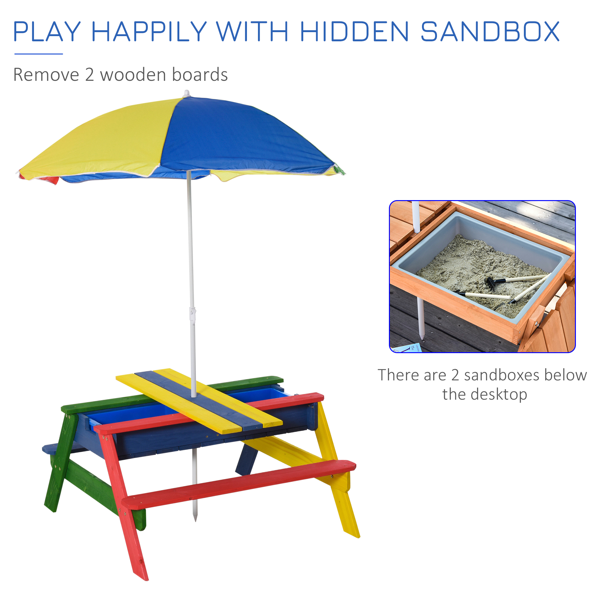 Outsunny Kids Picnic Table Set Wooden Bench Rainbow with Sandbox Removable & Height Adjustable Parasol Outdoor Garden Patio Backyard Beach