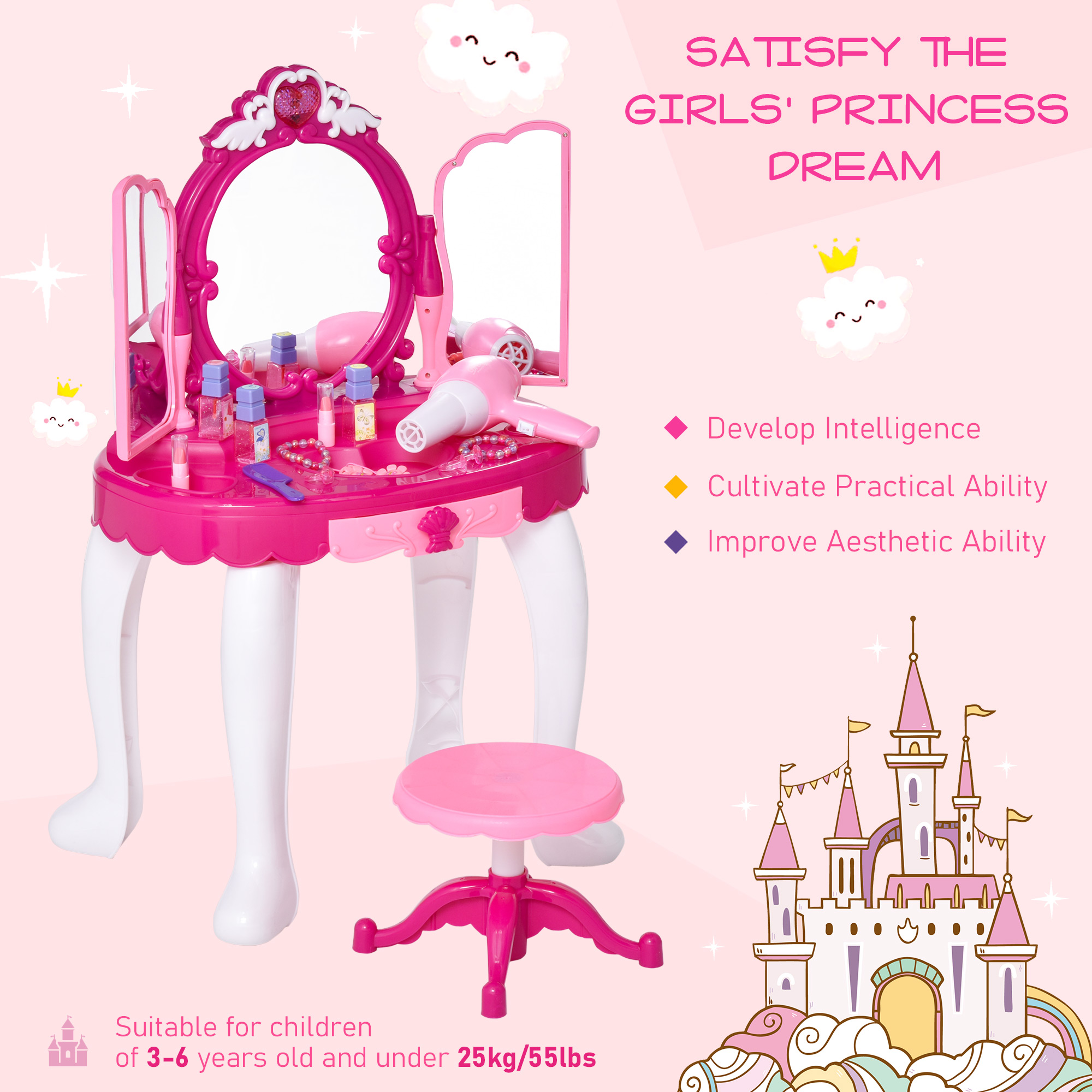 HOMCOM Kids Pretend Play Plastic Vanity Table Set w/ Sound Effect Pink