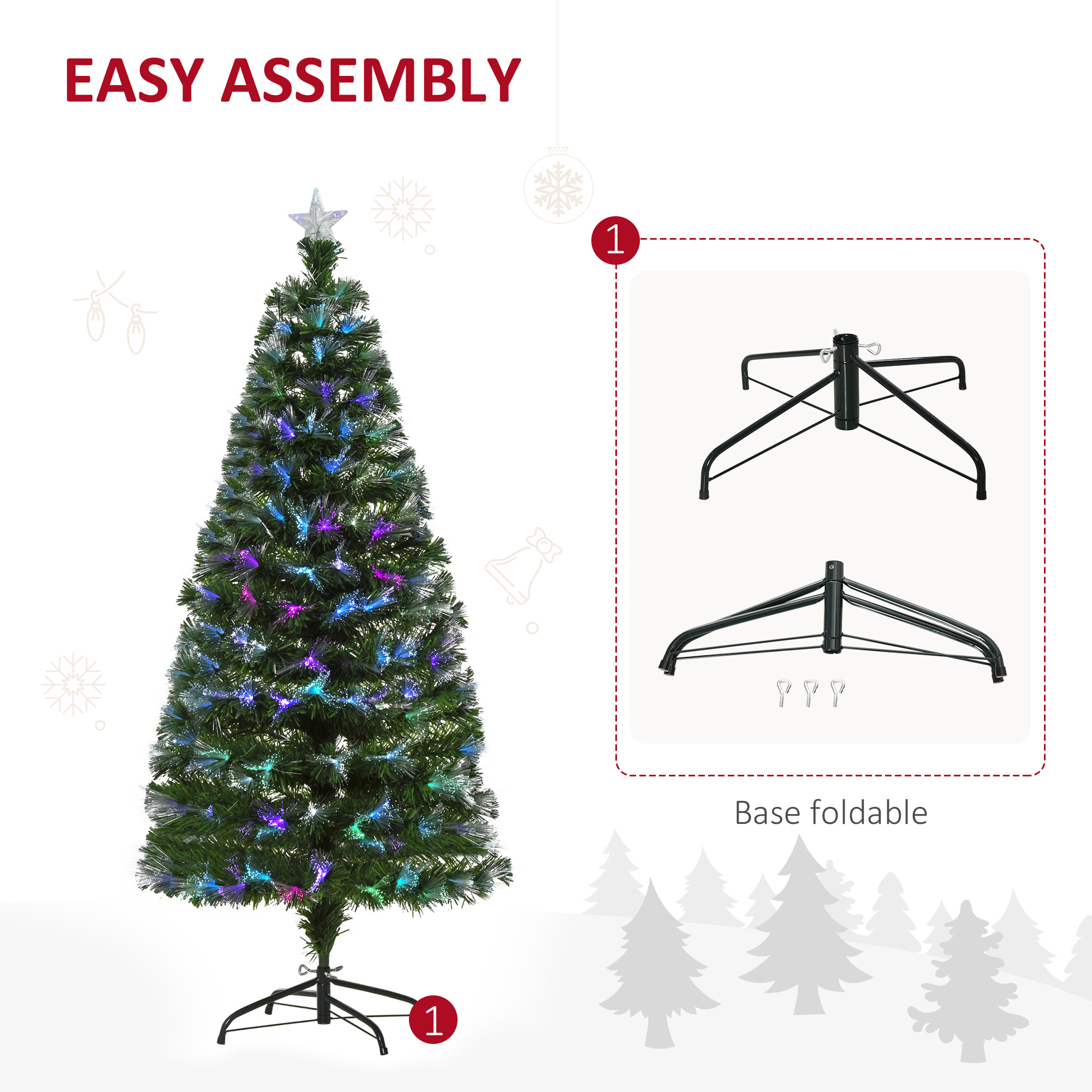 HOMCOM 1.5m Tall Artificial Christmas Tree Fiber Optic Colorful LED Pre-Lit Holiday Home Christmas Decoration with Flash Mode, Green
