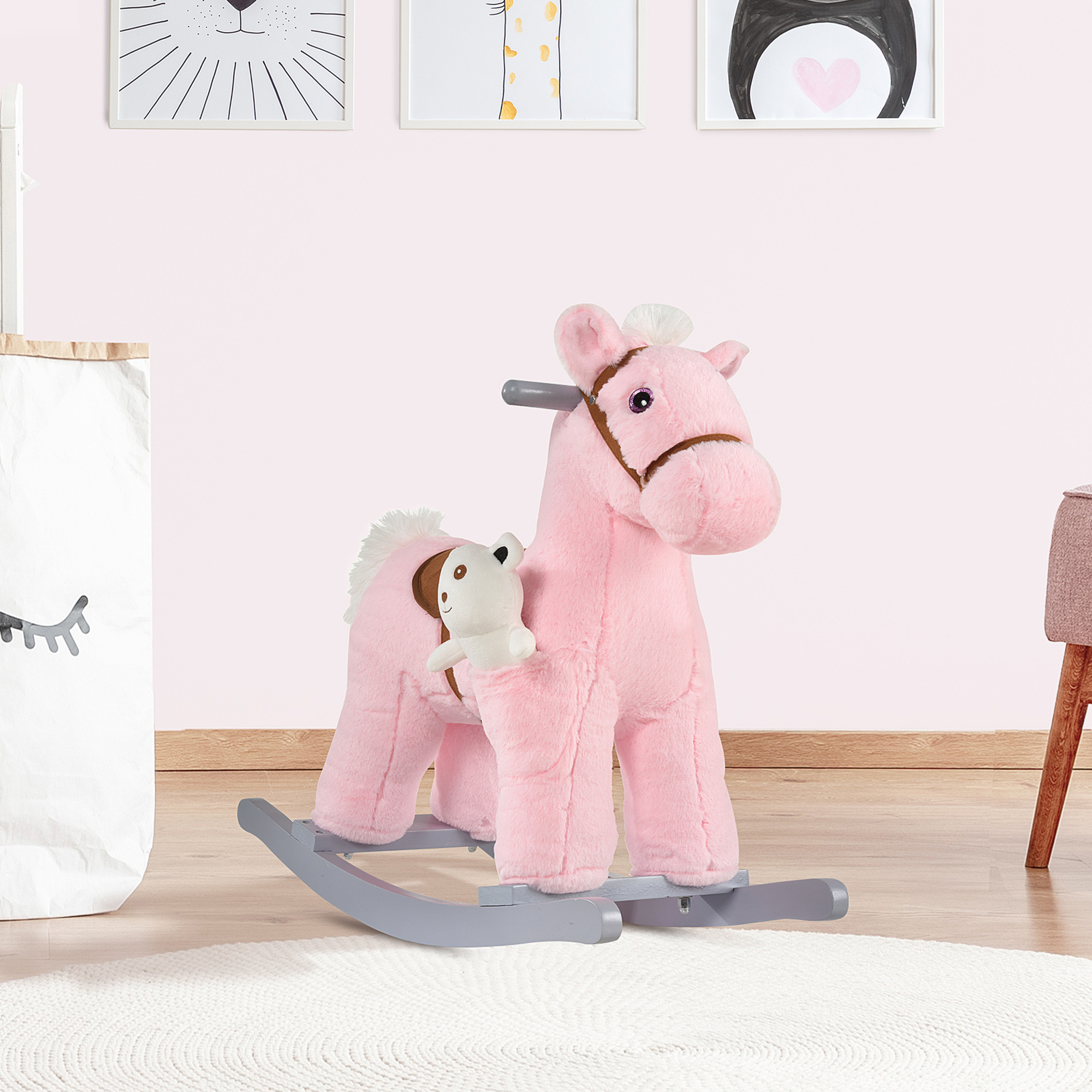 HOMCOM Plush Children's Rocking Horse Toy with Realistic Sounds, Soft Ride-On for Toddlers 18-36 Months, Pink