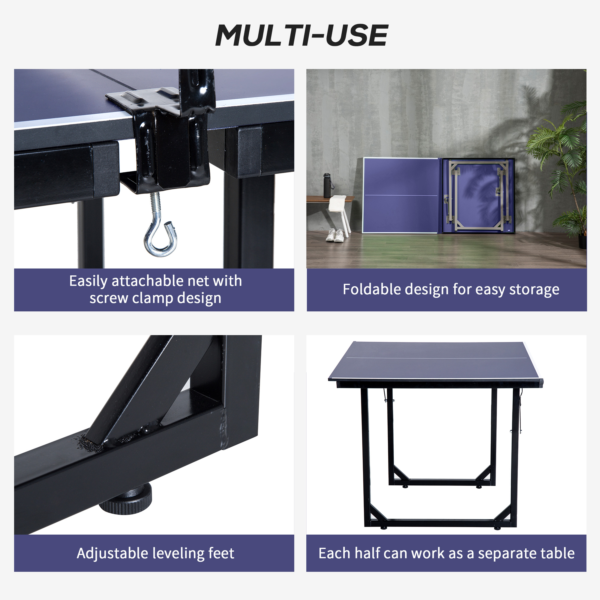 HOMCOM Folding Mini Table Tennis/Ping Pong Table Set-Black/Blue 