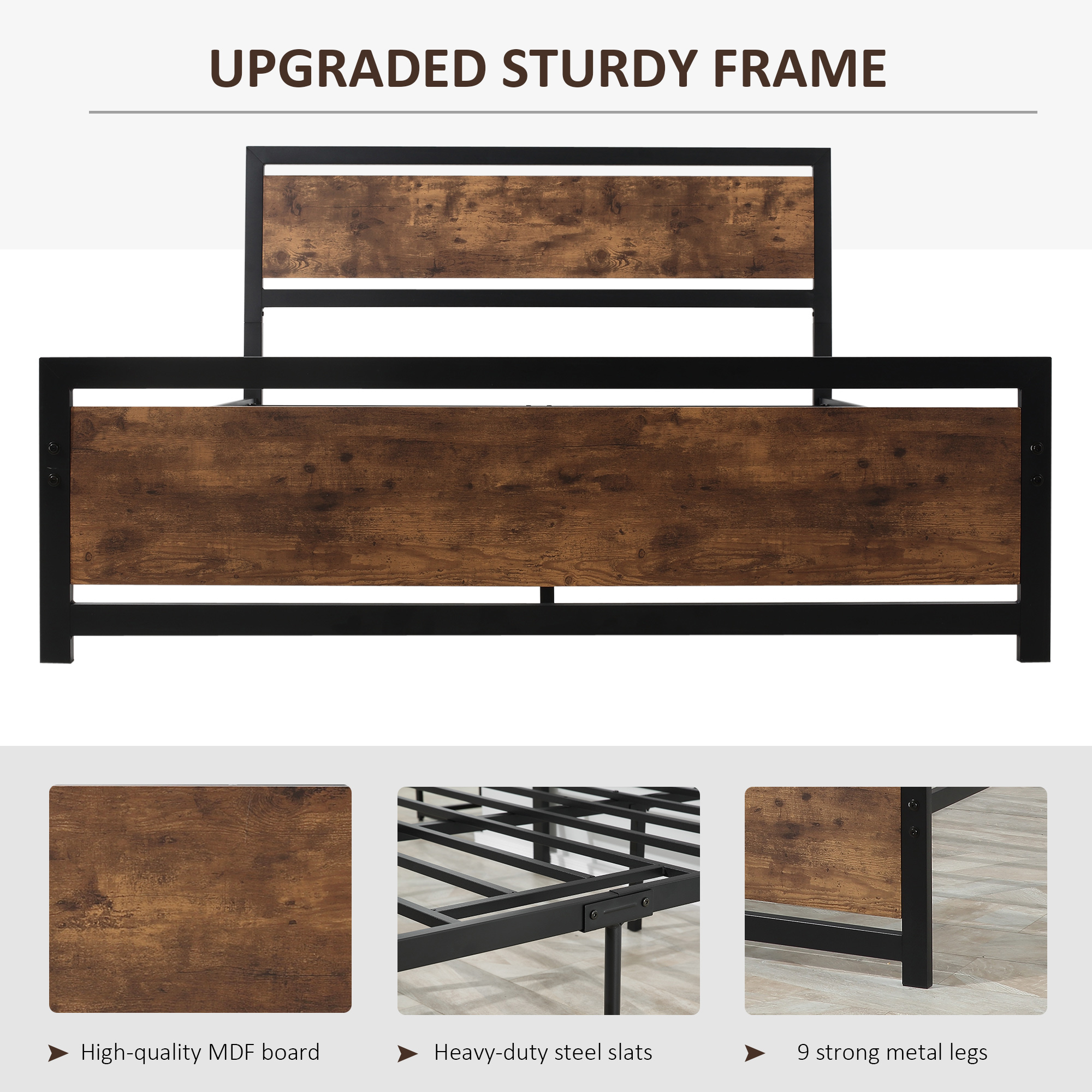 HOMCOM Full Bed Frame with Headboard & Footboard, Strong Slat Support Twin Size Metal Bed w/ Underbed Storage Space, No Box Spring Needed