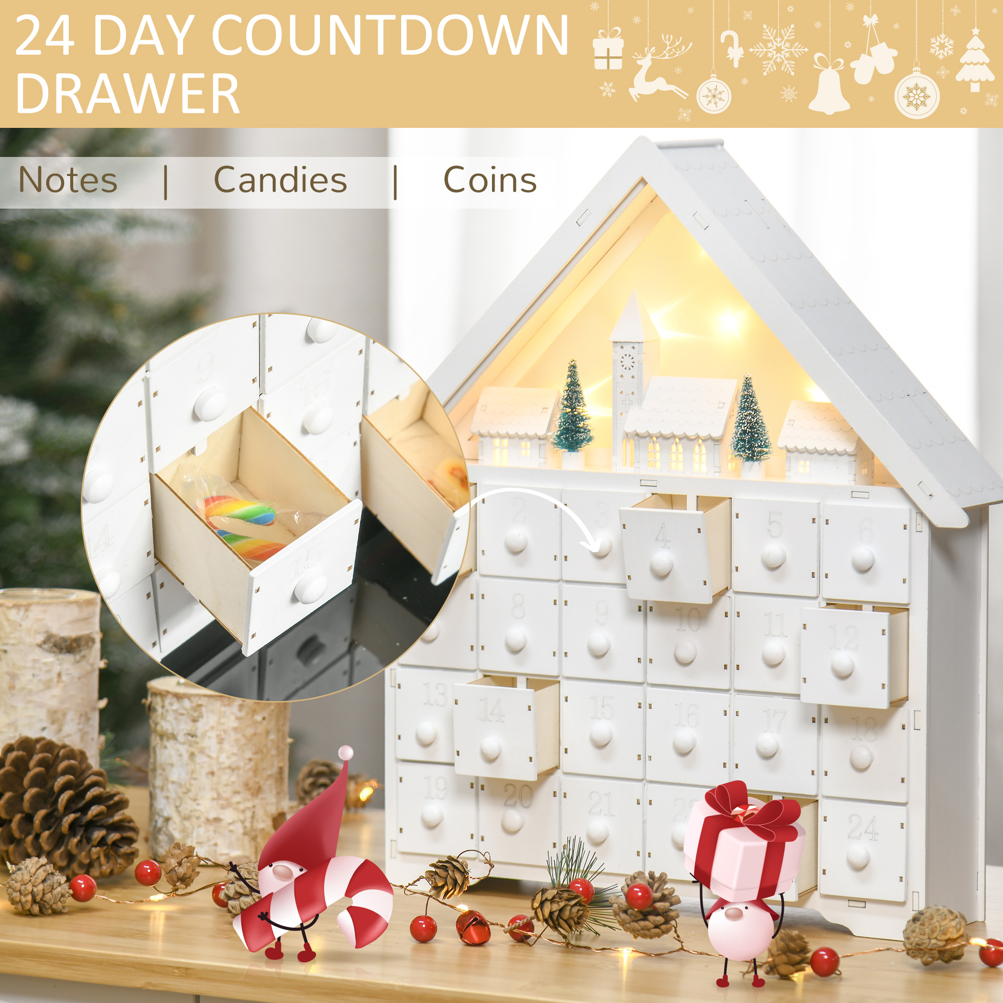 HOMCOM Christmas Advent Calendar, Light Up Table Xmas Wooden House Holiday Decoration with Countdown Drawer, Village, for kids Adults, White