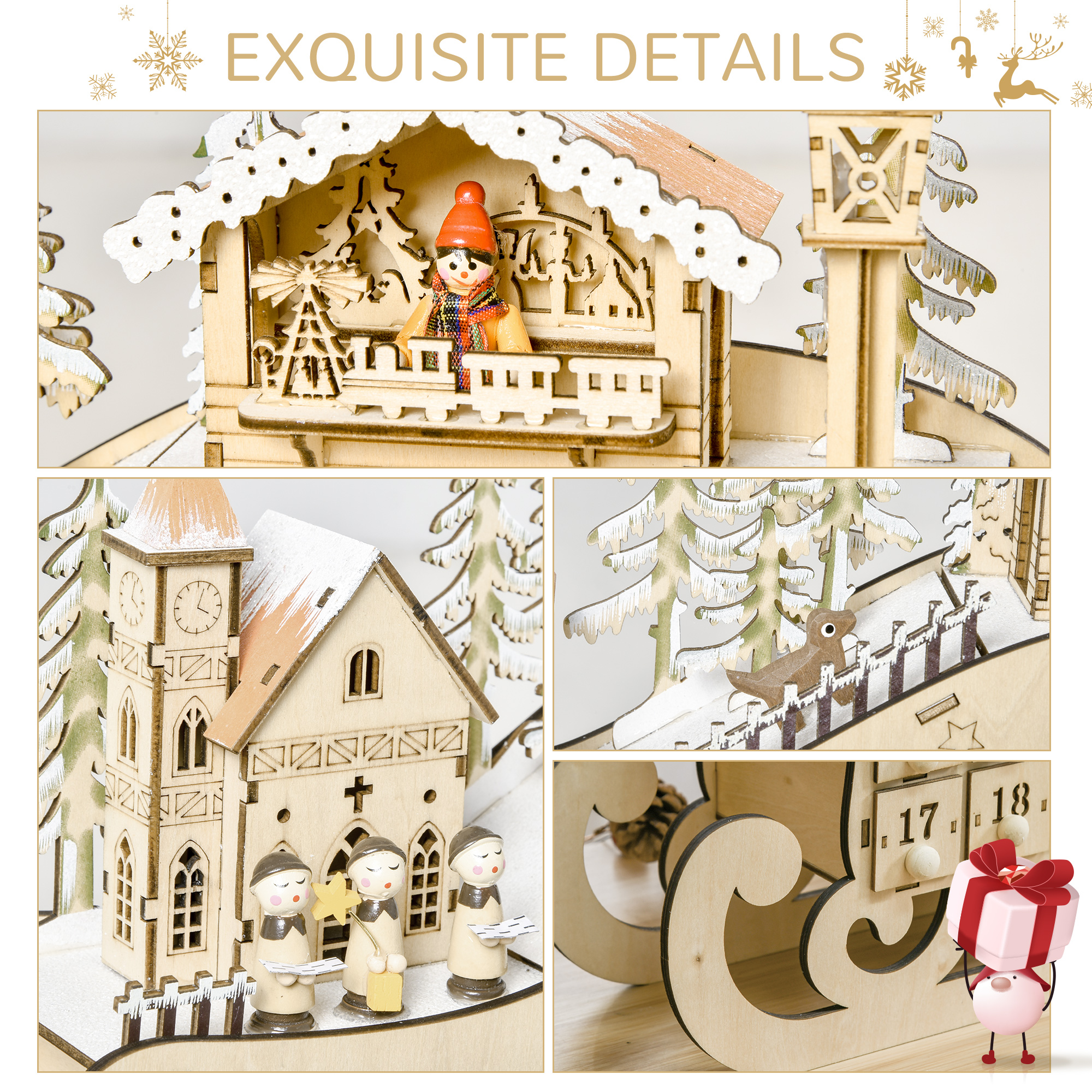 HOMCOM Christmas Advent Calendar, Light Up Table Xmas Wooden Sled Holiday Decoration with Countdown Drawer, Village, Natural Wood Color