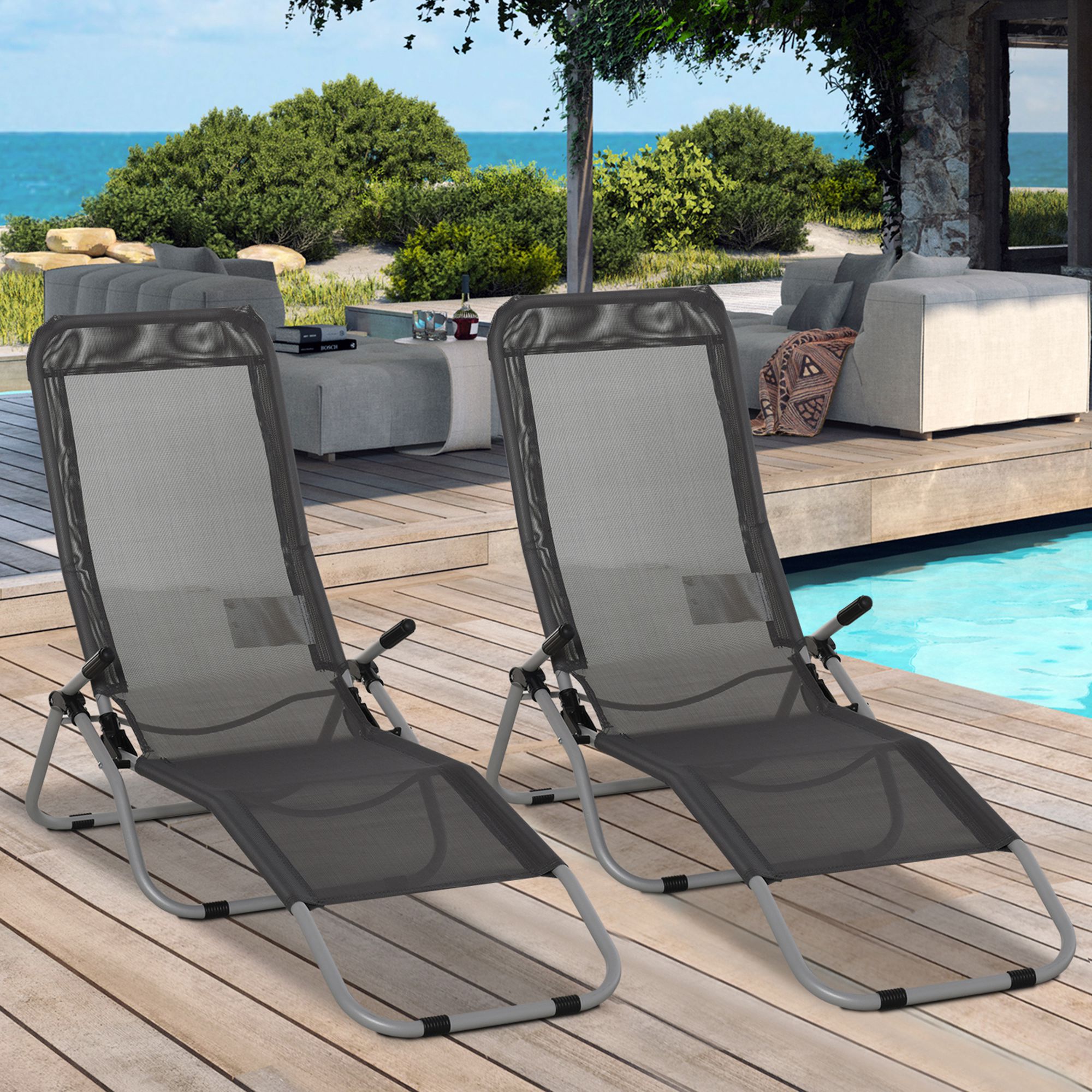 Outsunny Set of 2 Outdoor Patio Chaise Recliner Portable Lounge Chairs Garden Loungers Adjustable Backrest