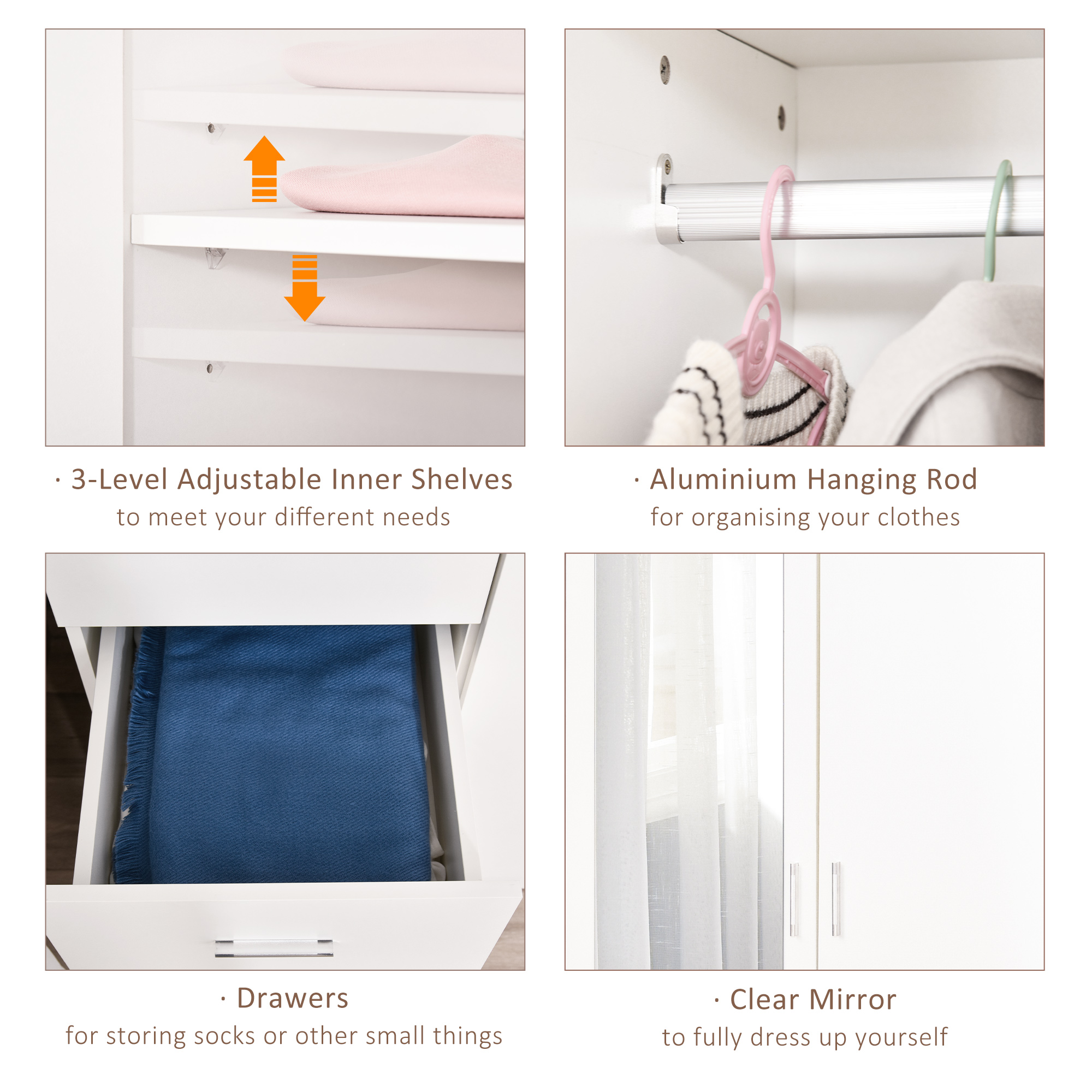 HOMCOM Mirror Wardrobe with 2 Doors, Adjustable Shelf, 3 Drawers, Home Storage, 80W x 50D x 180H cm, White