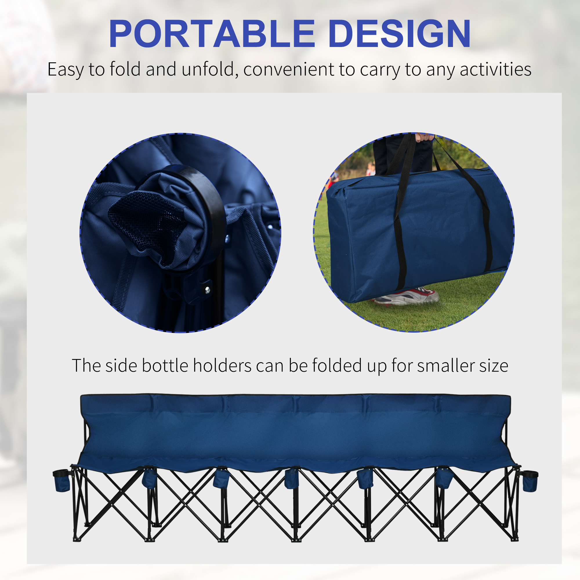Outsunny 6 Seater Folding Sports Bench Outdoor Picnic Camping Portable Spectator Chair Steel Frame w/ Cup Holder & Carry Bag - Blue