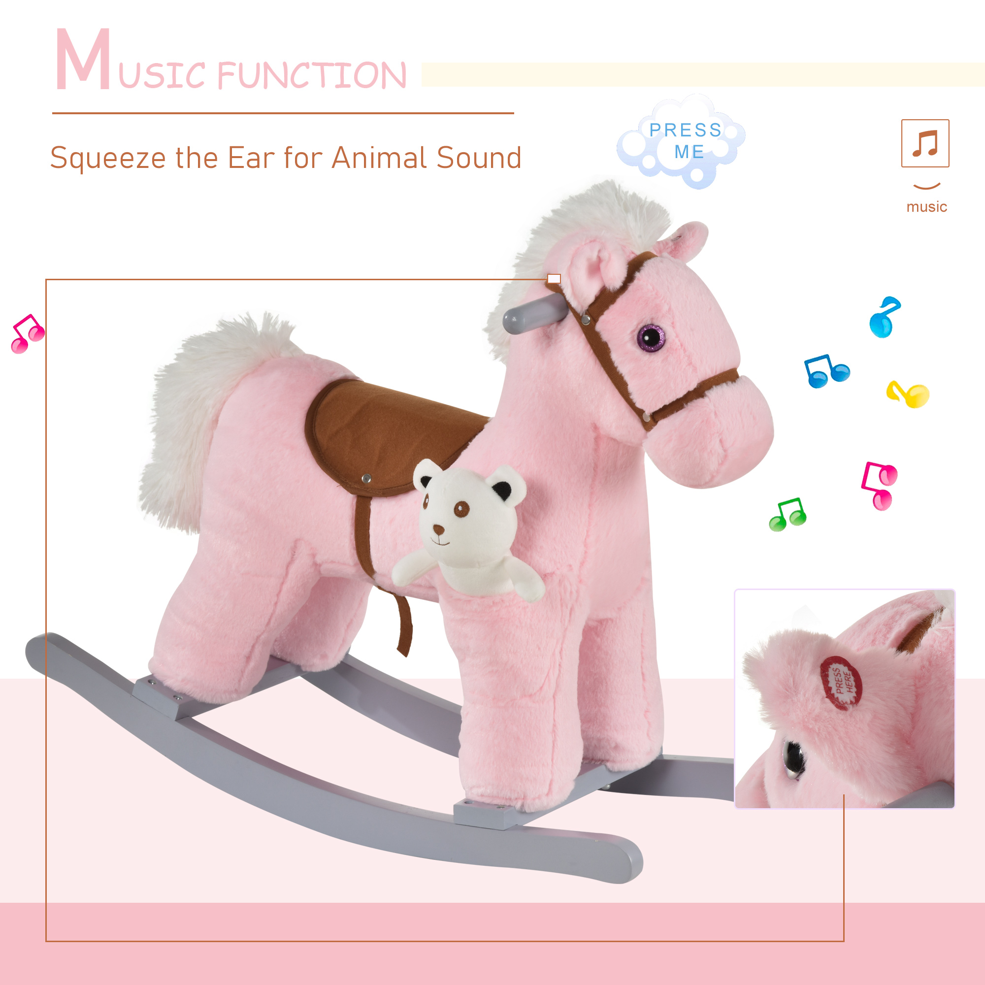 HOMCOM Plush Children's Rocking Horse Toy with Realistic Sounds, Soft Ride-On for Toddlers 18-36 Months, Pink